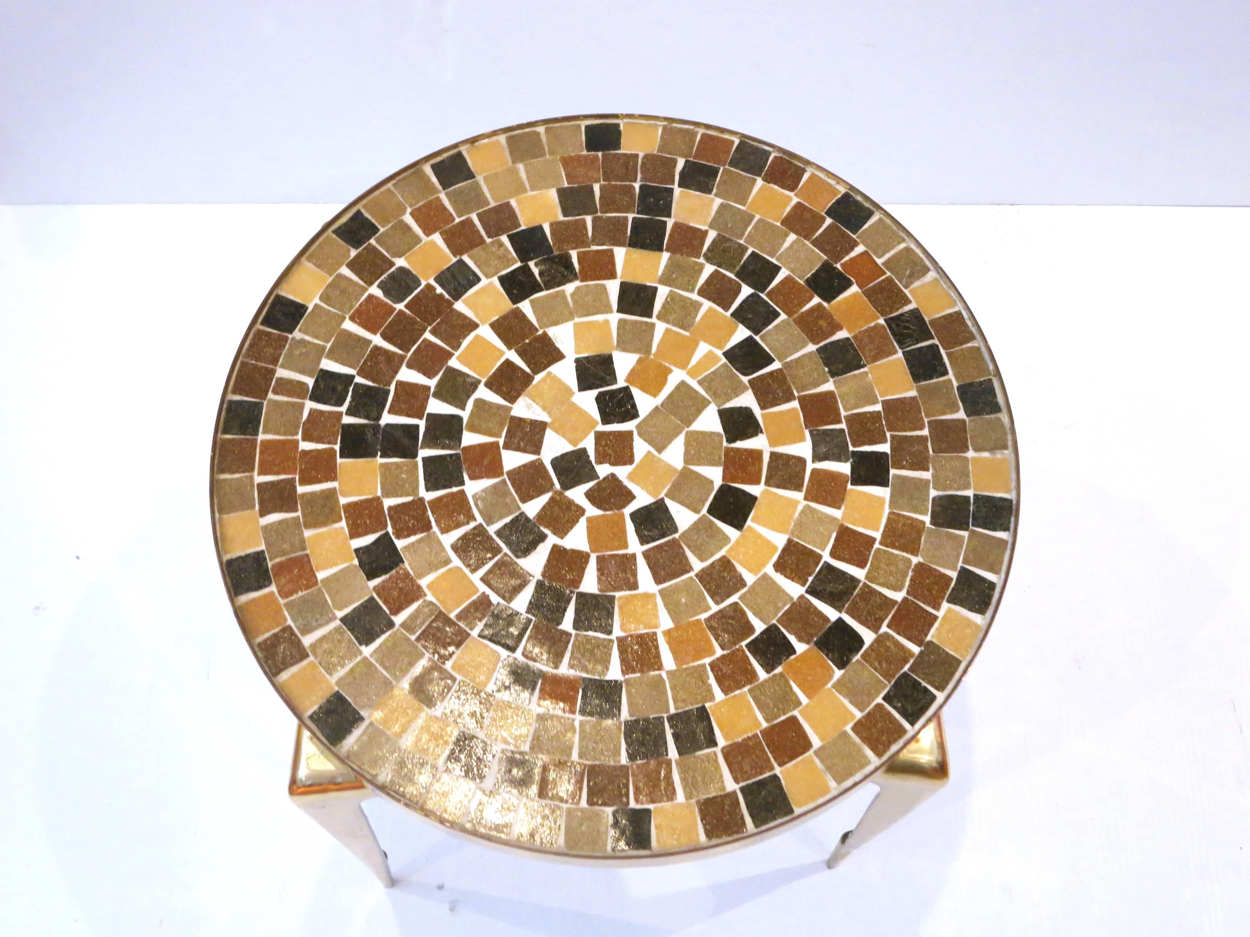 1950s Italian Mid-Century Modern Brass and Mosaic/Tile Top Small Cocktail Table In Excellent Condition In San Diego, CA