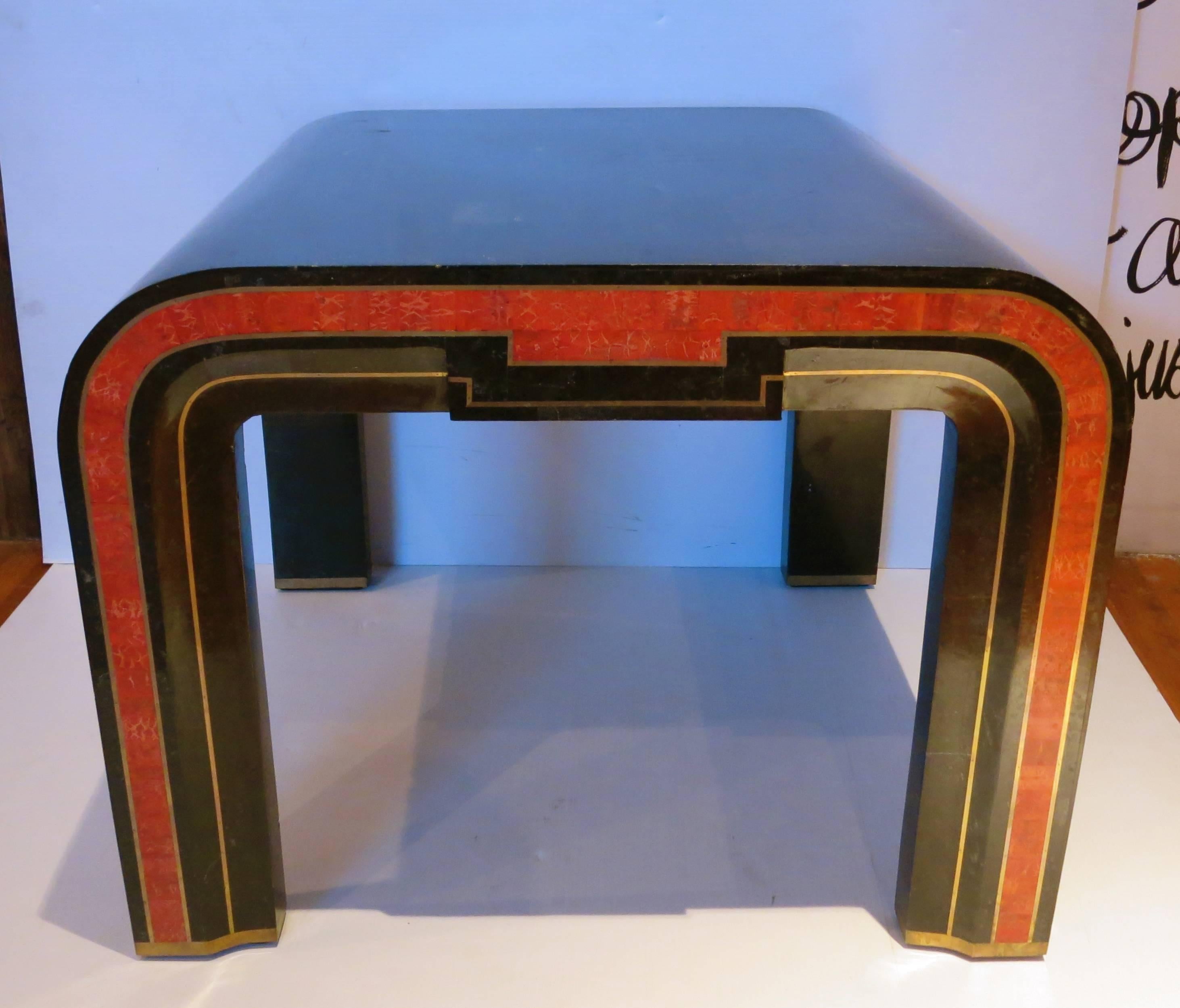 American Cocktail or End Table with Tessellated Marble Red Coral and Brass Inlay For Sale