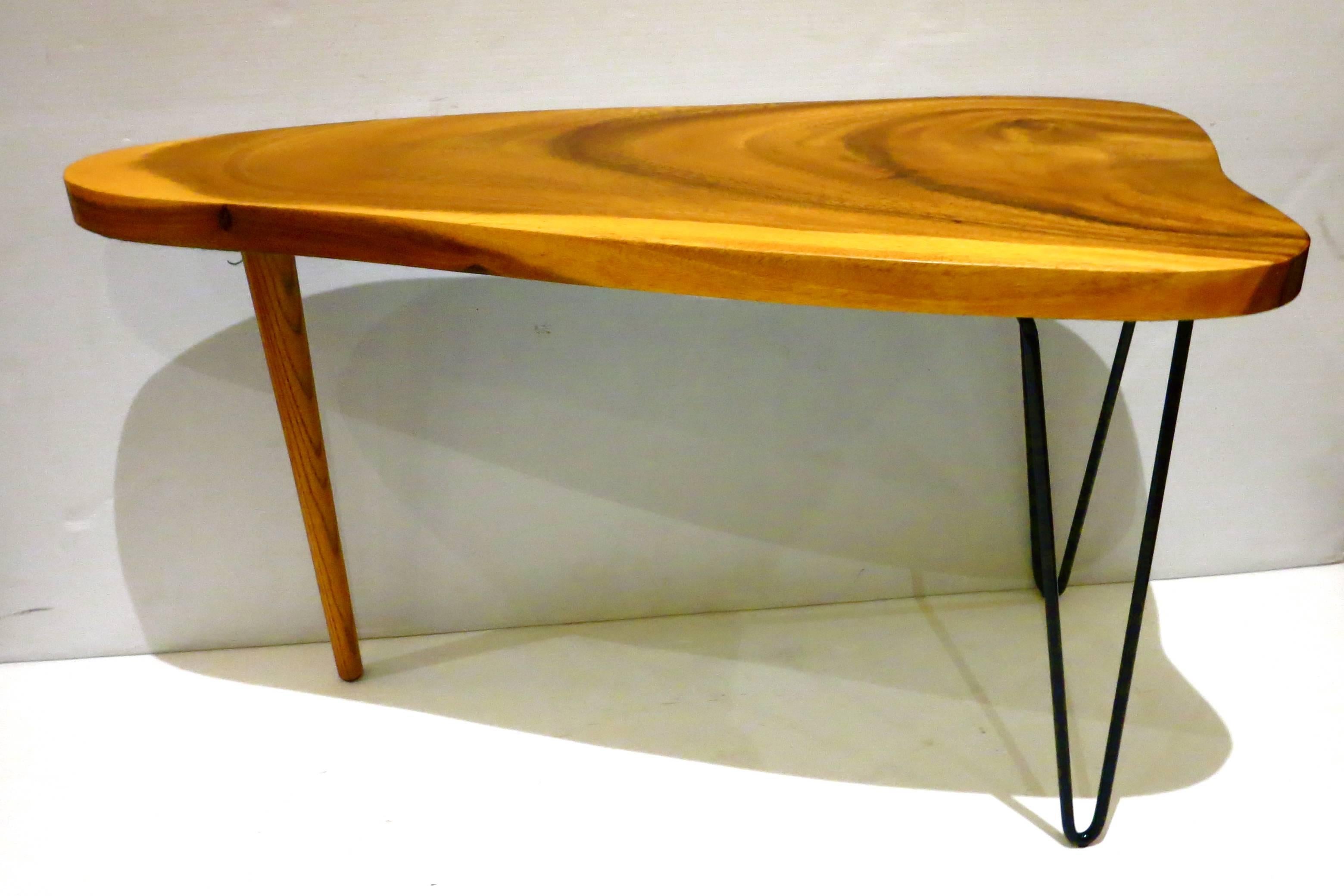 Mid-Century Modern Free-Form Organic Small Coffee or Cocktail Table Koa Wood Top and Hairpin Legs