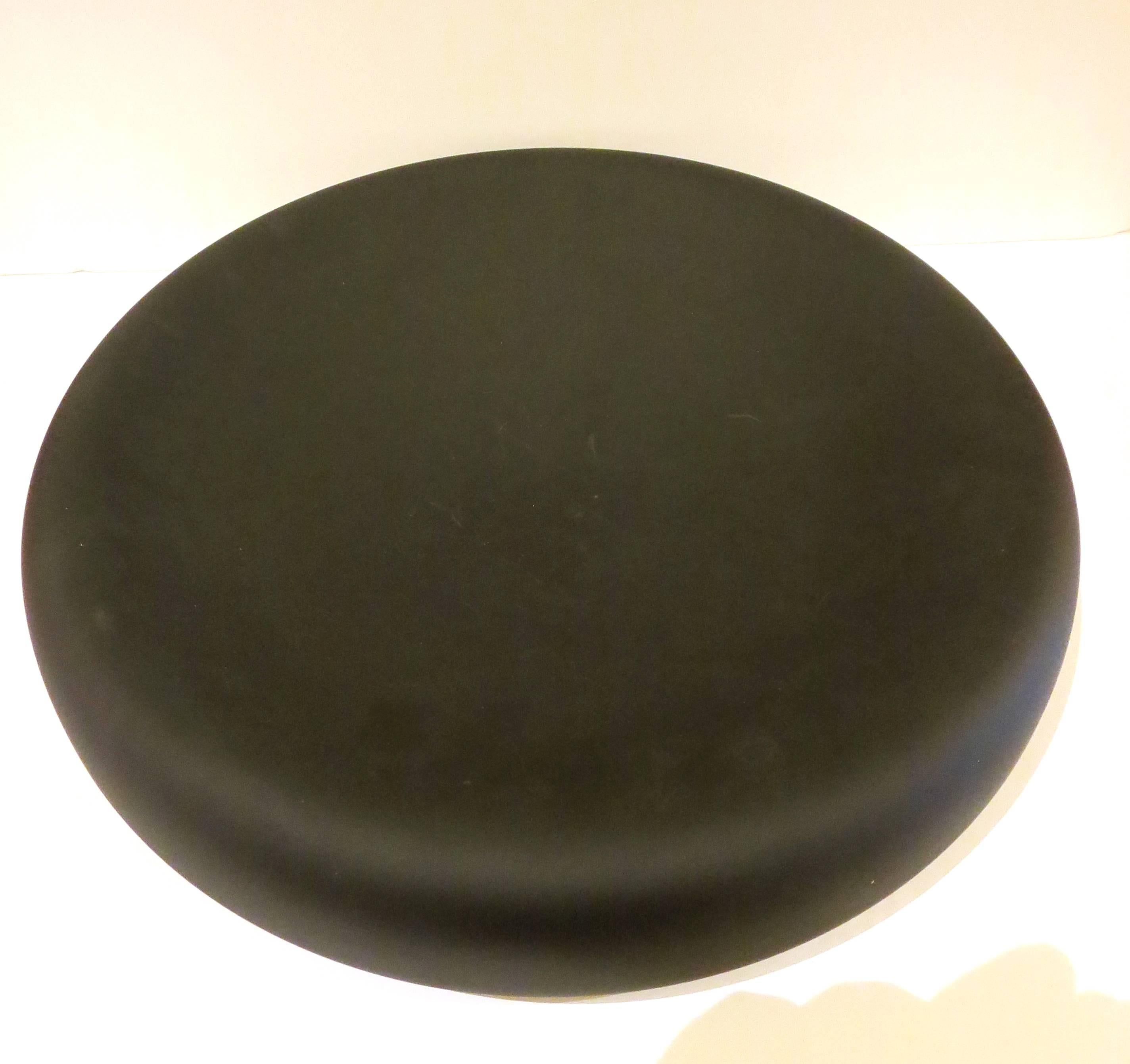 Incredible large frosted black satin compote bowl, with decorative object d’art, great as a center piece in a table, signed and retains its label, one of a kind piece.