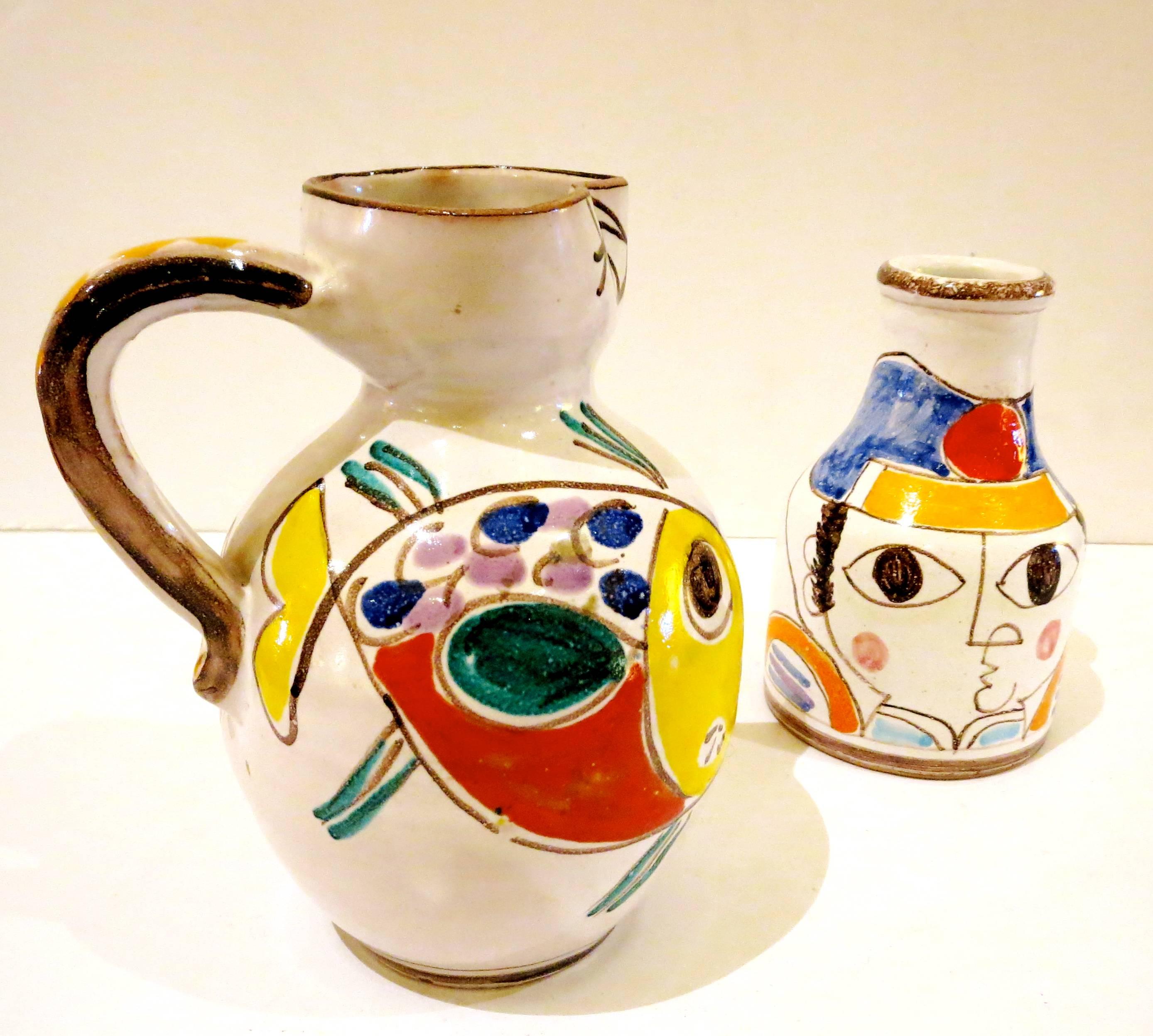 Italian Pair of Ceramic Hand-Painted Vase and Pitcher by DeSimone, Italy