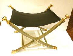 Single Maison Jansen Campaign Folding Stool Leather Brass and Brushed Nickel