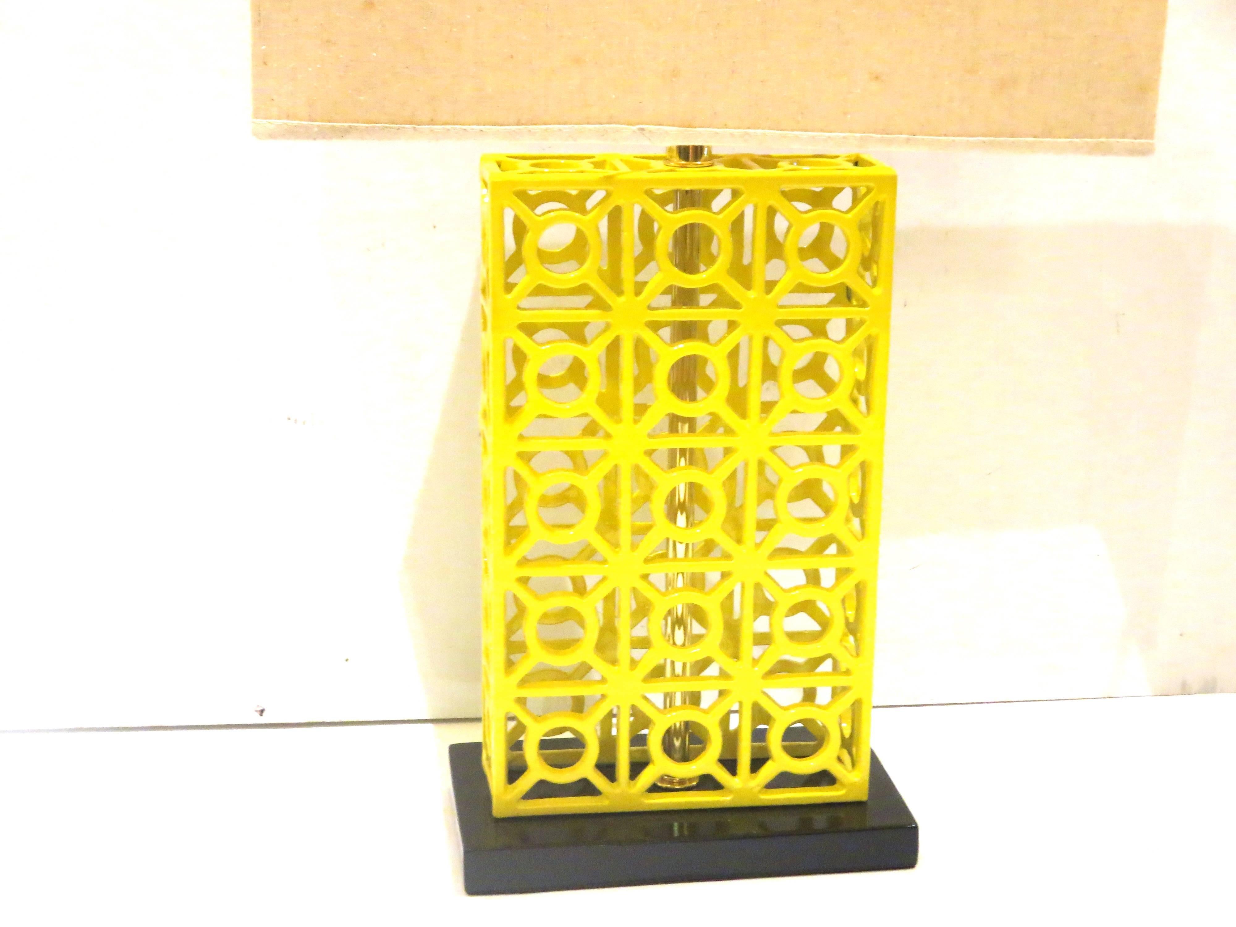 1970s Striking Yellow Powder Coated Iron Cage Style Table Lamp In Excellent Condition In San Diego, CA