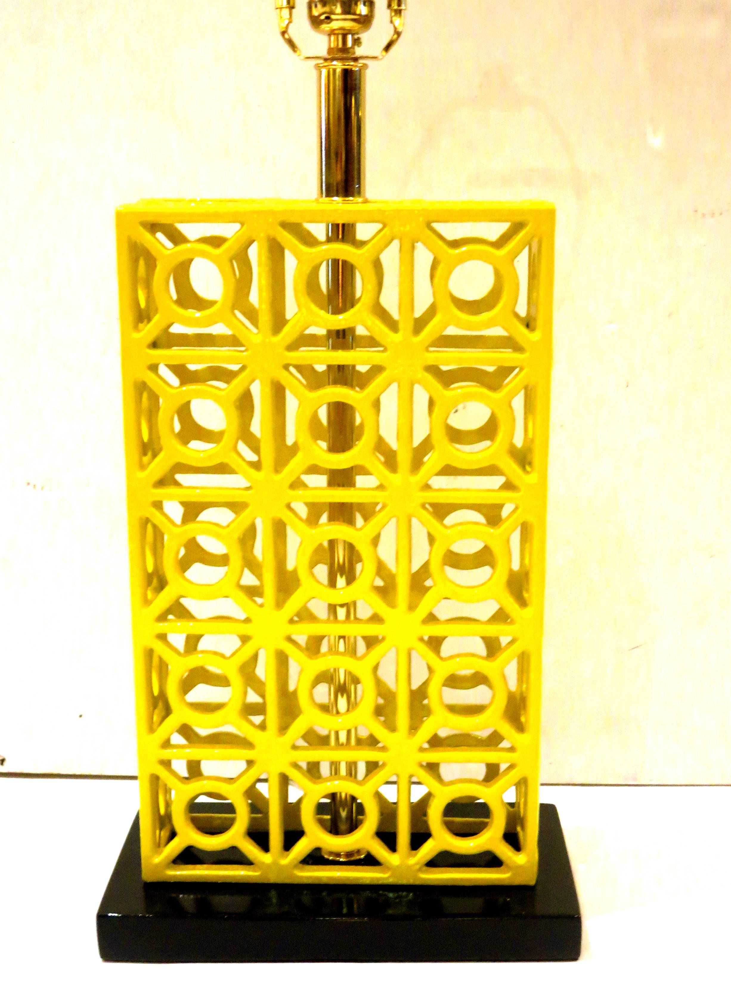 Hollywood Regency 1970s Striking Yellow Powder Coated Iron Cage Style Table Lamp