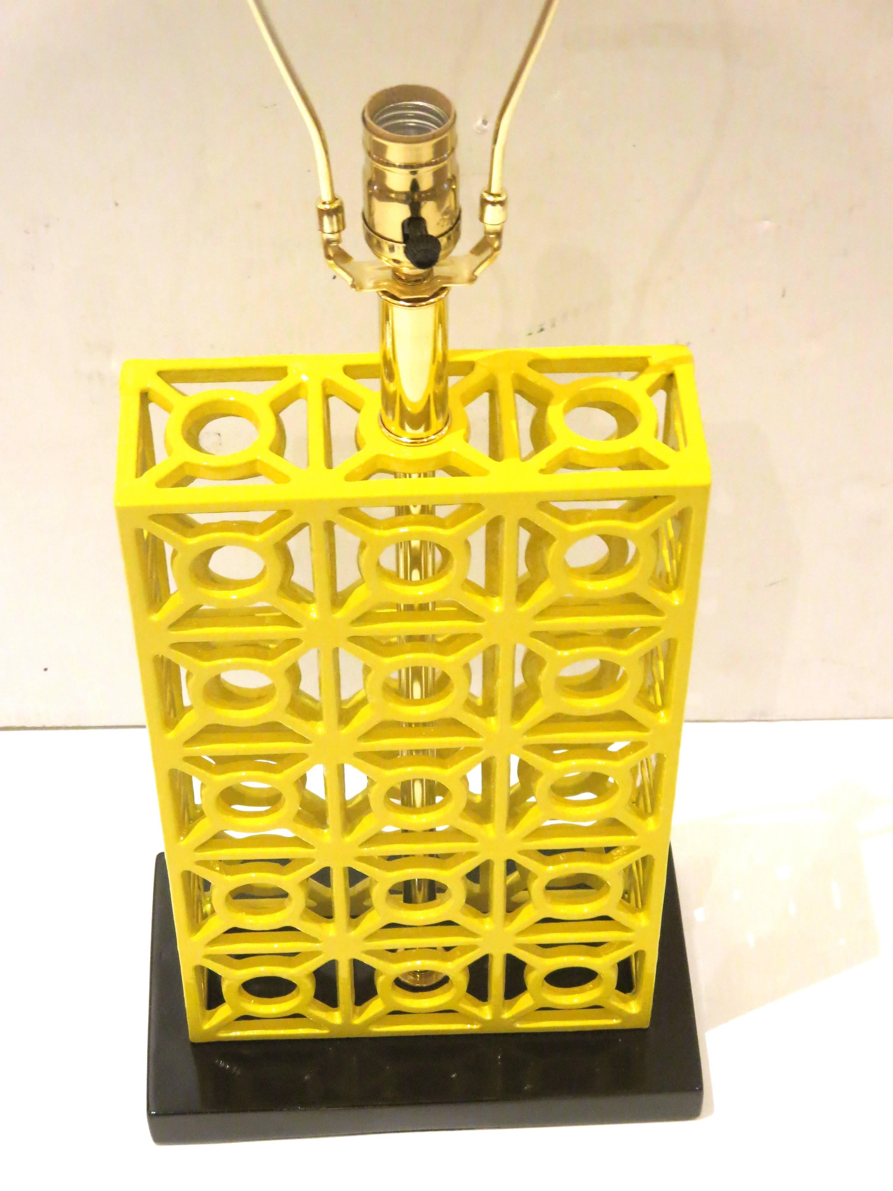 20th Century 1970s Striking Yellow Powder Coated Iron Cage Style Table Lamp