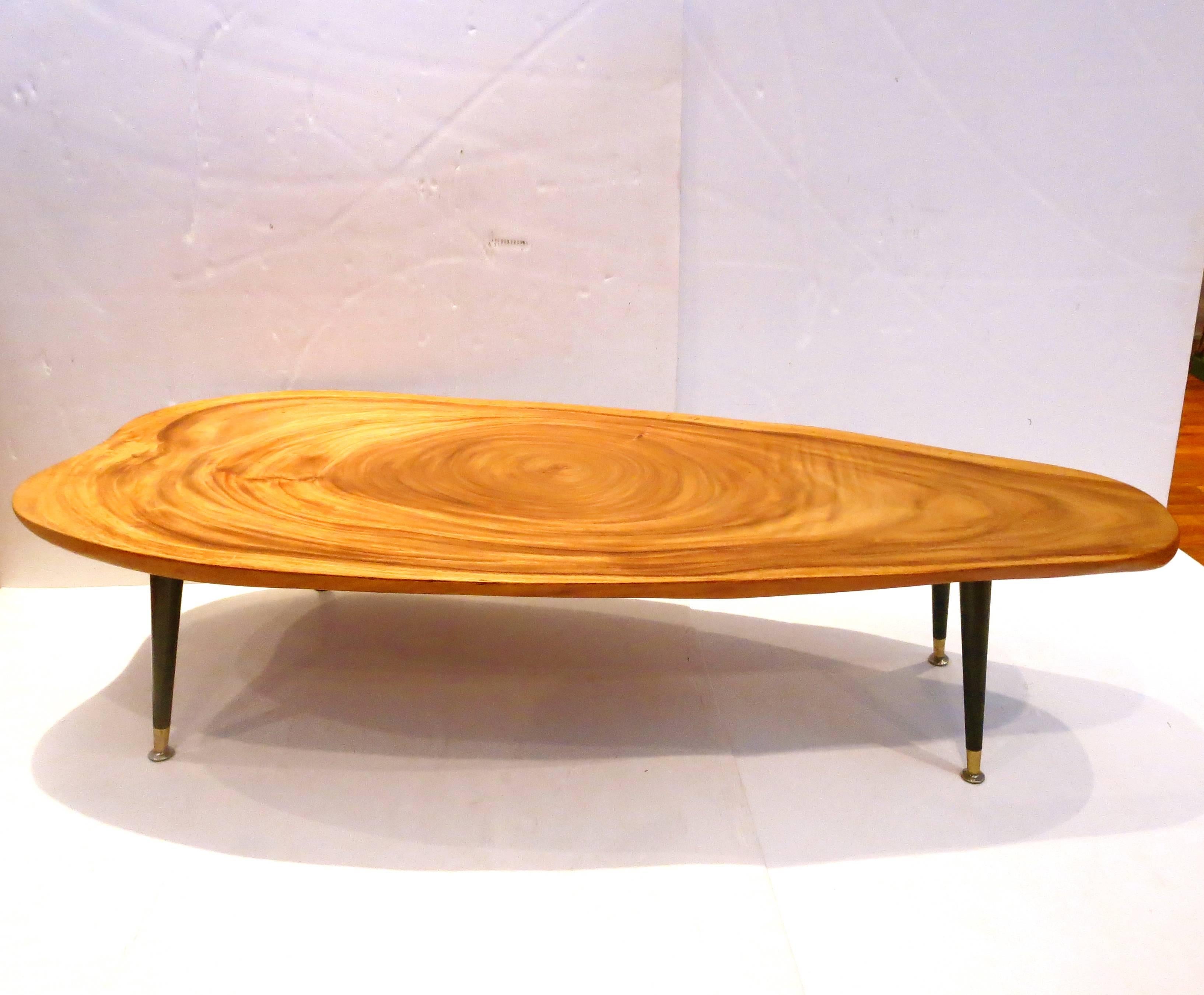 Mid-Century Modern Massive Free-Form Organic Coffee Table Koa Wood Top and Tapered Legs