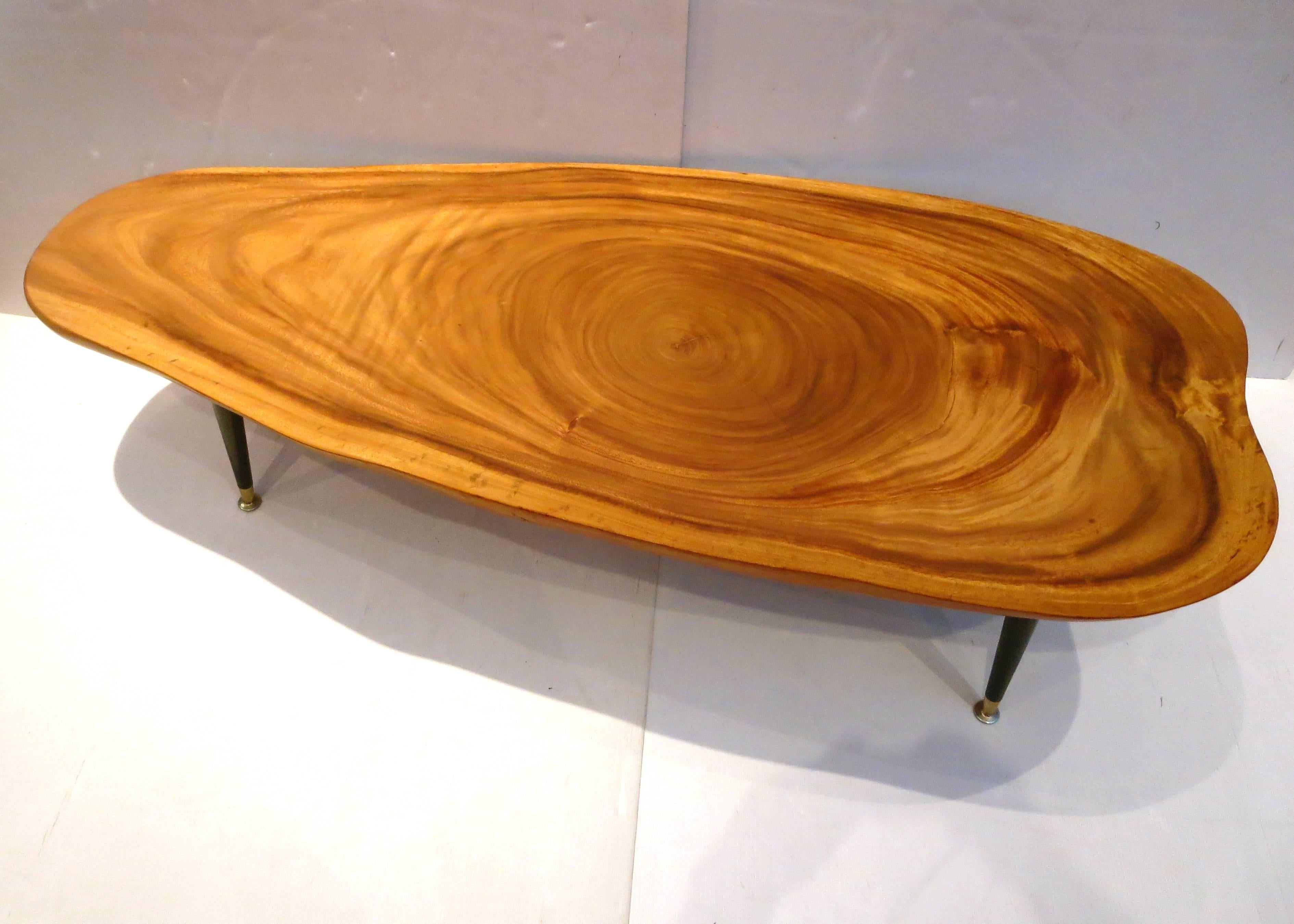 Massive Free-Form Organic Coffee Table Koa Wood Top and Tapered Legs In Good Condition In San Diego, CA