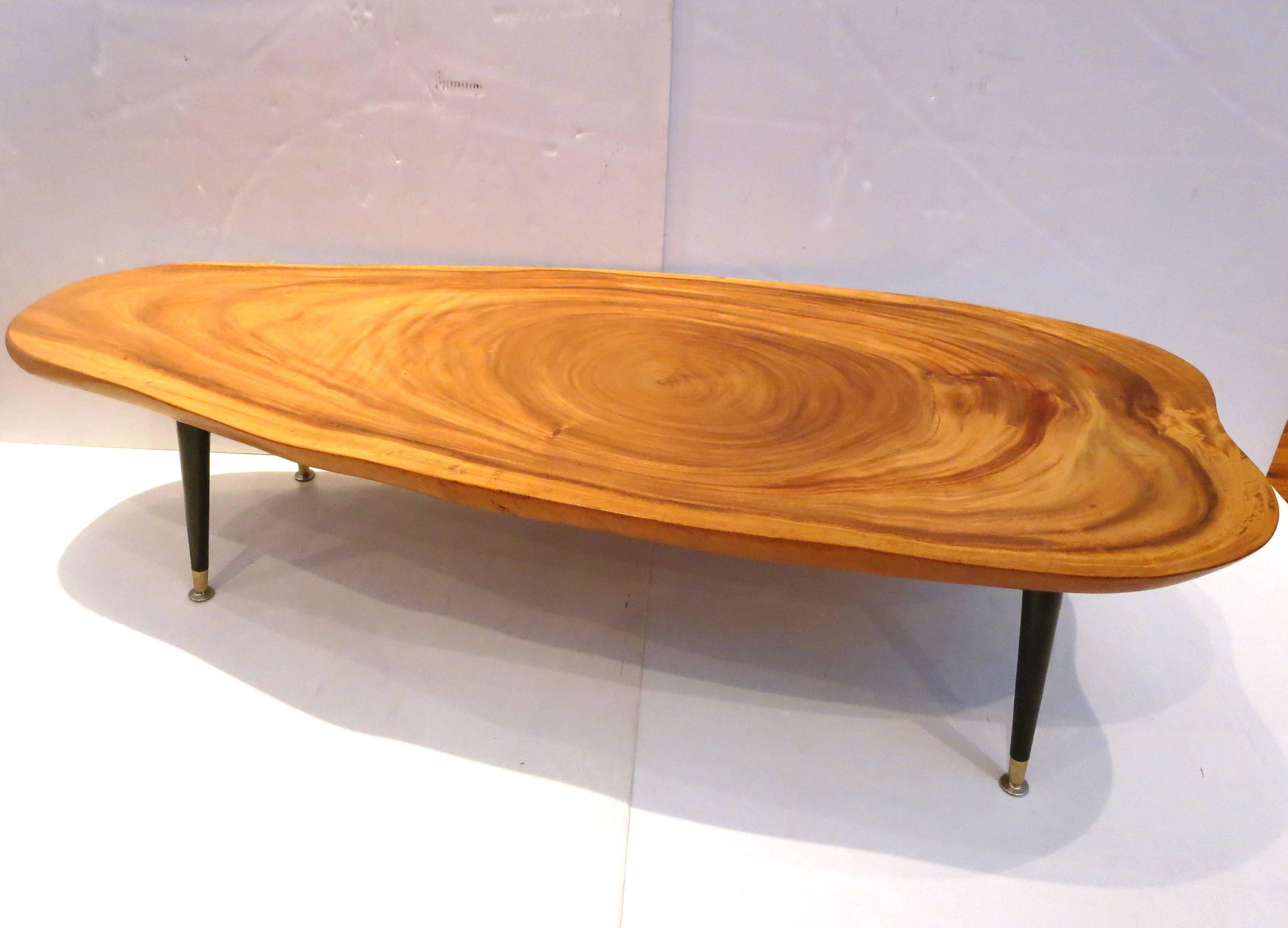 20th Century Massive Free-Form Organic Coffee Table Koa Wood Top and Tapered Legs