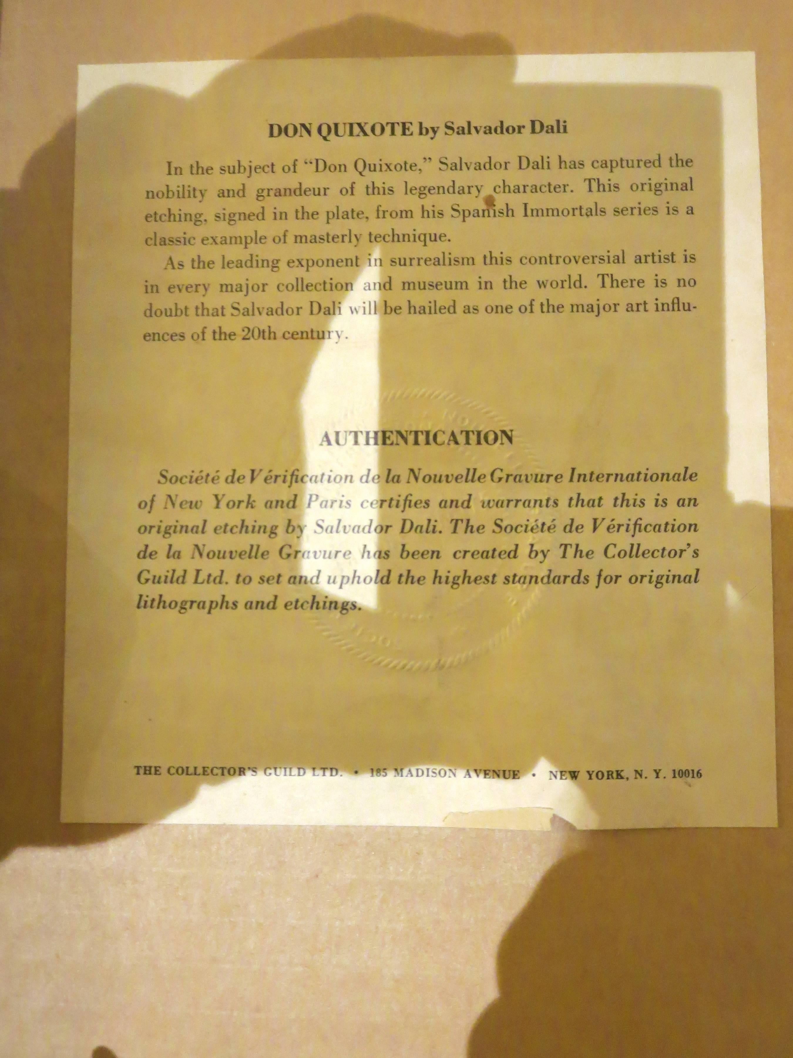1960er Salvador Dali Don Quixote Original-Radierung, signiert in der Platte COA (amerikanisch)