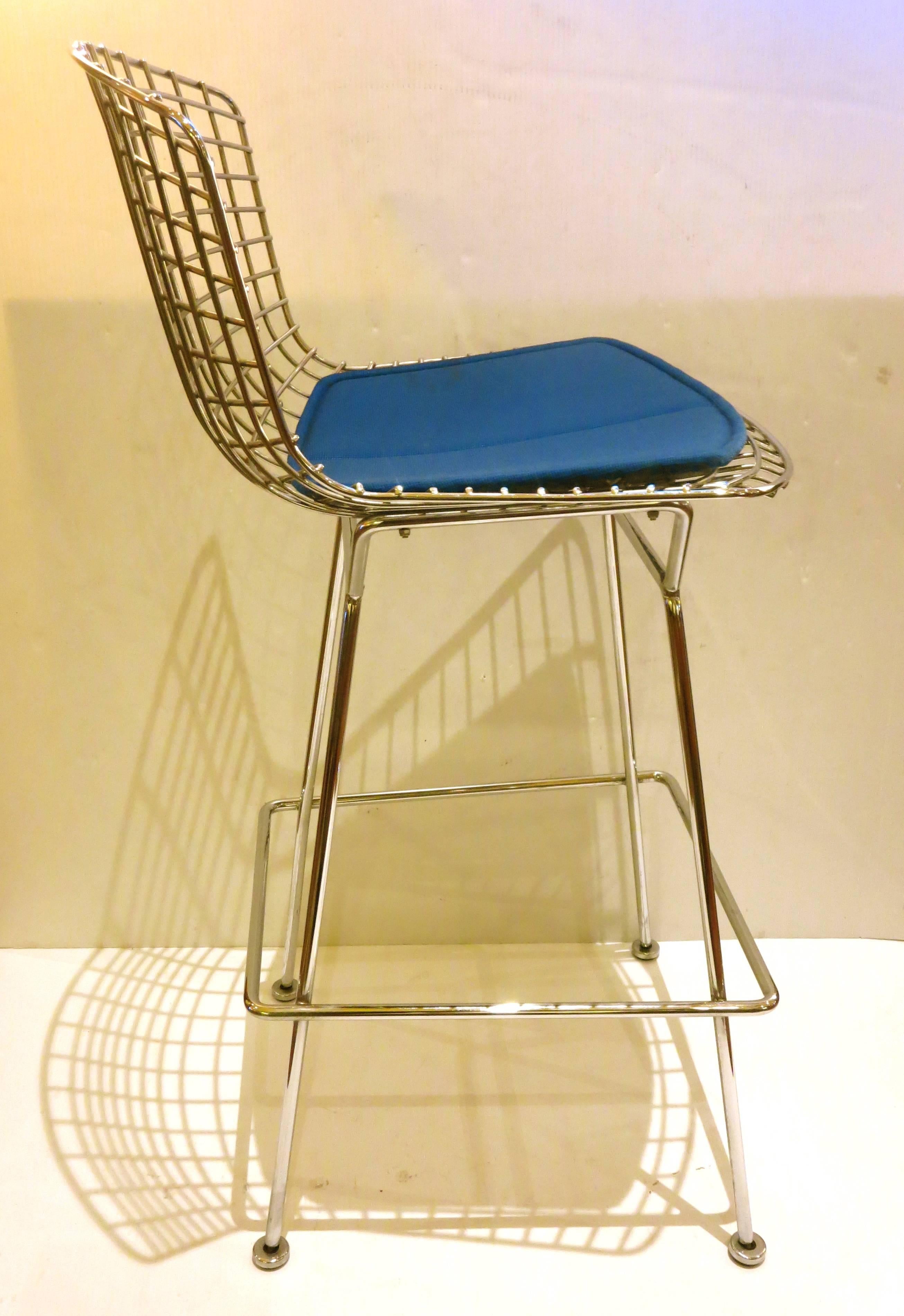 Mid-Century Modern Pair of Barstools Designed by Harry Bertoia for Knoll with Blue Cloth Pads