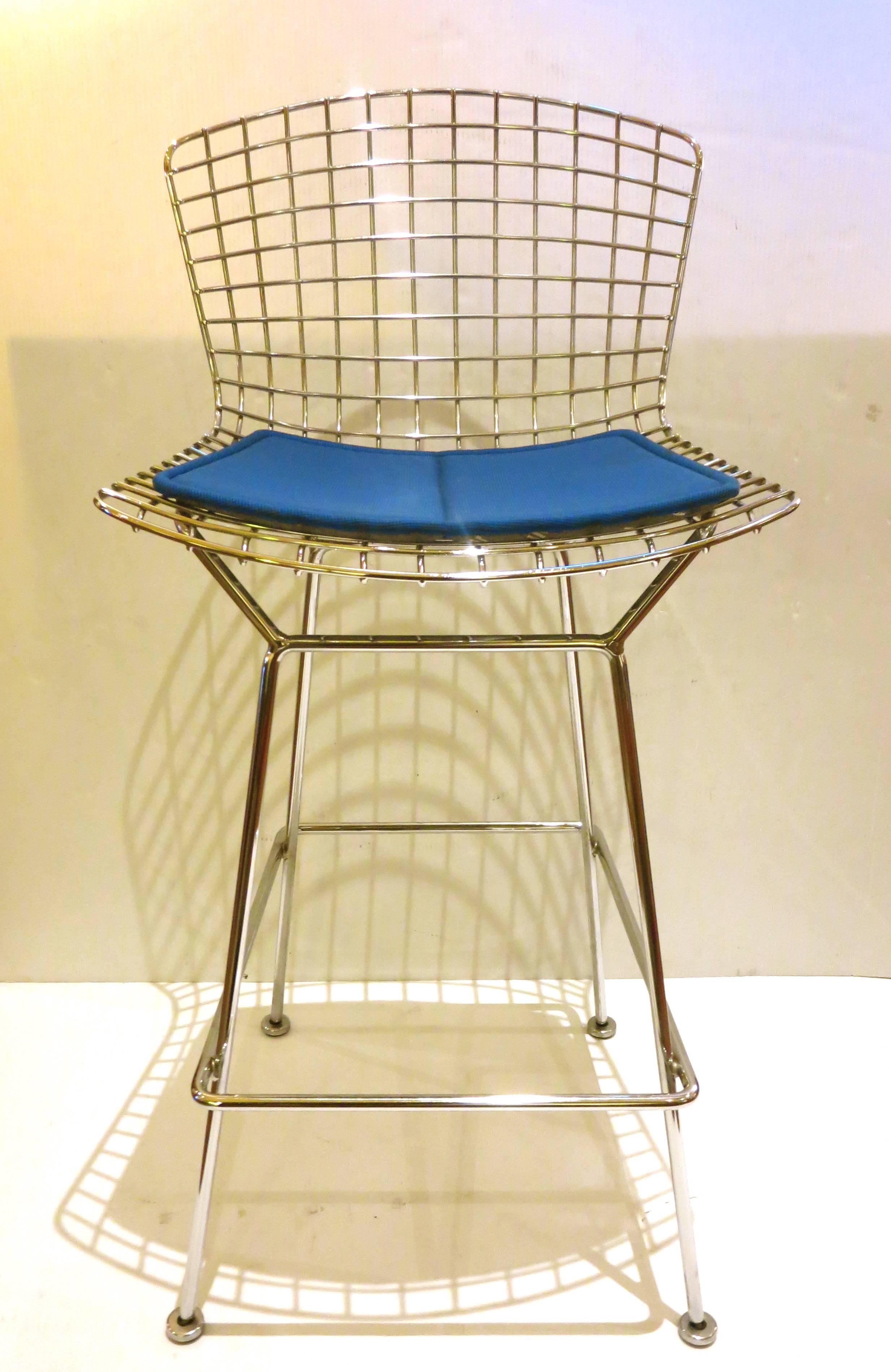 American Pair of Barstools Designed by Harry Bertoia for Knoll with Blue Cloth Pads