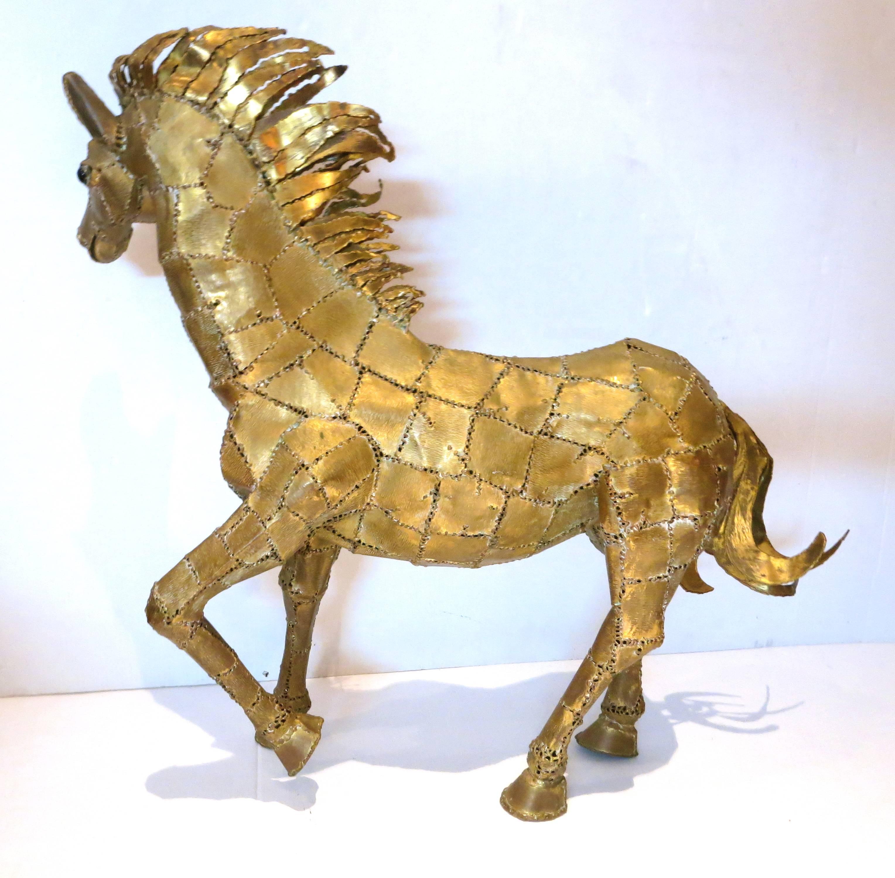 Hollywood Regency Large Striking Brass Horse by Mexican Artist Luciano Bustamante Signed