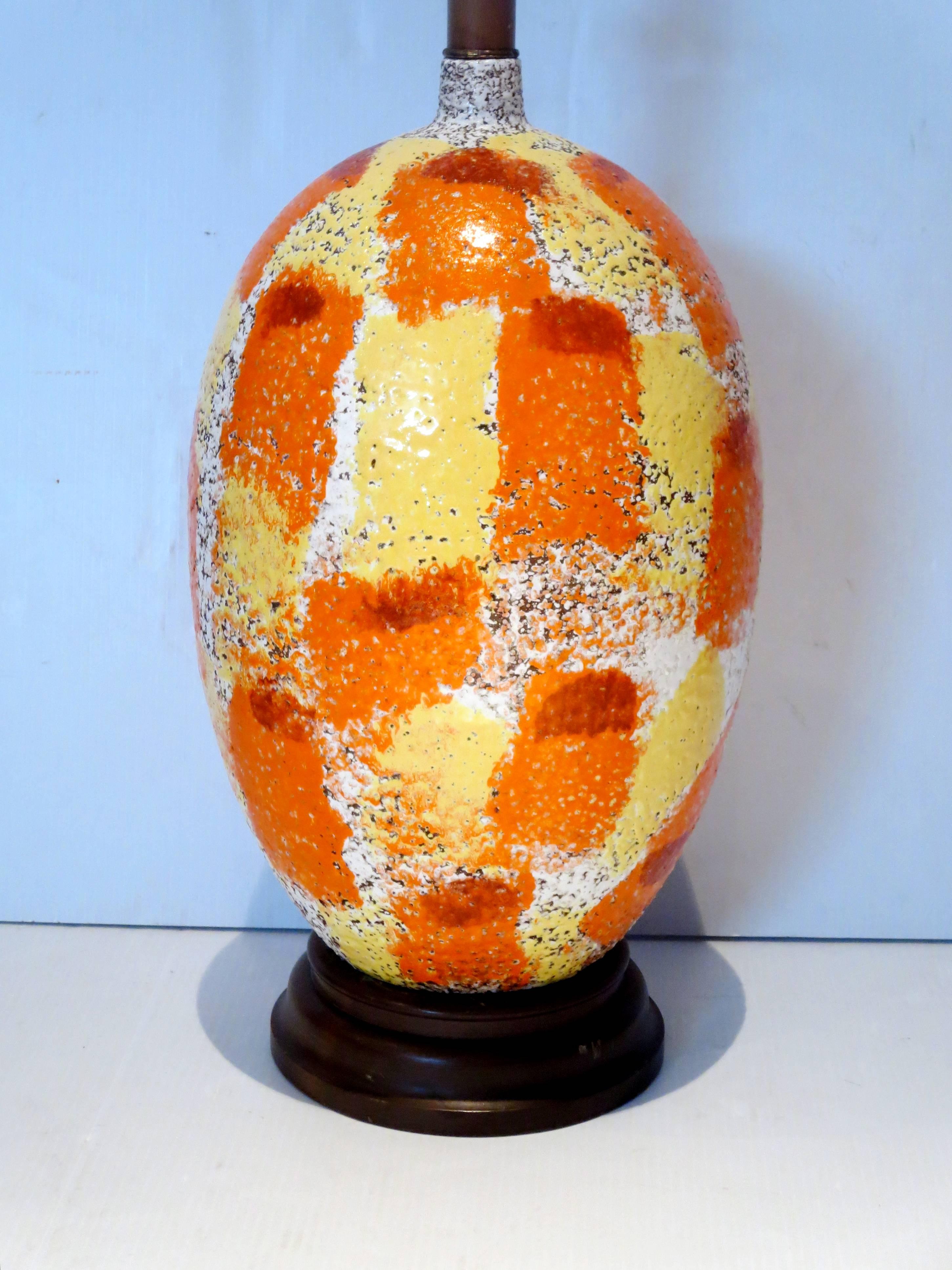 Striking Large and Colorful, 1960s, Italian, Ceramic Lamp in Walnut Base In Excellent Condition In San Diego, CA