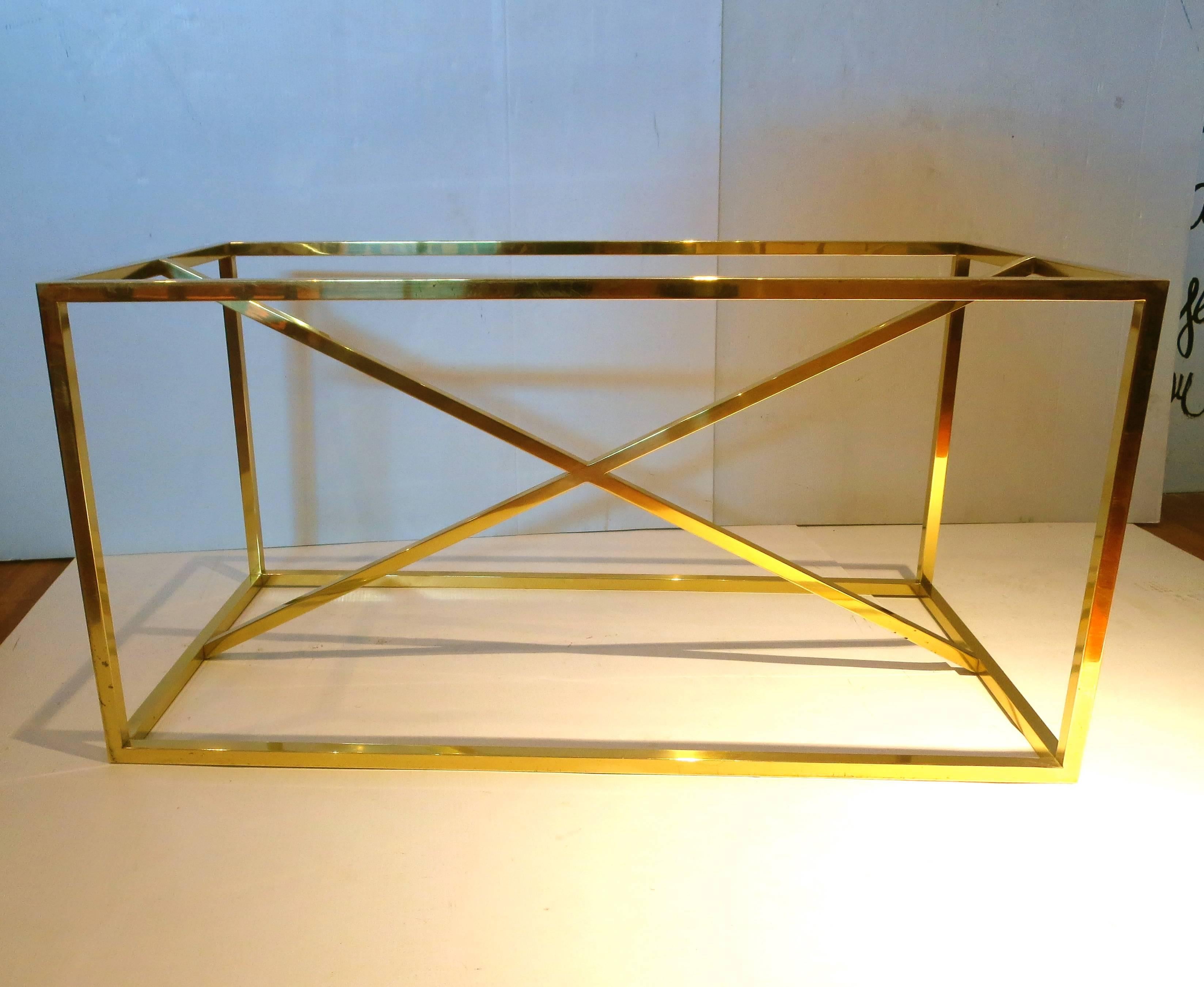 Square Brass Piping Coffee Table Base with X Bar Accent In Good Condition In San Diego, CA