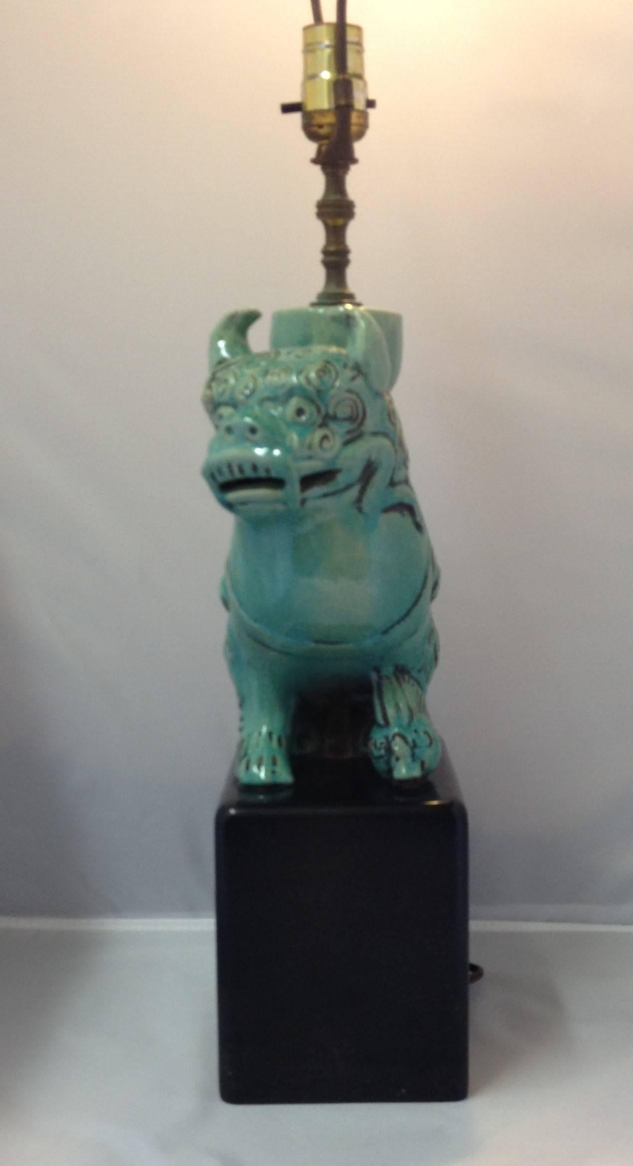 Vintage ceramic green foo dog/lion table lamp. No shade, distressed look with great patina.
 