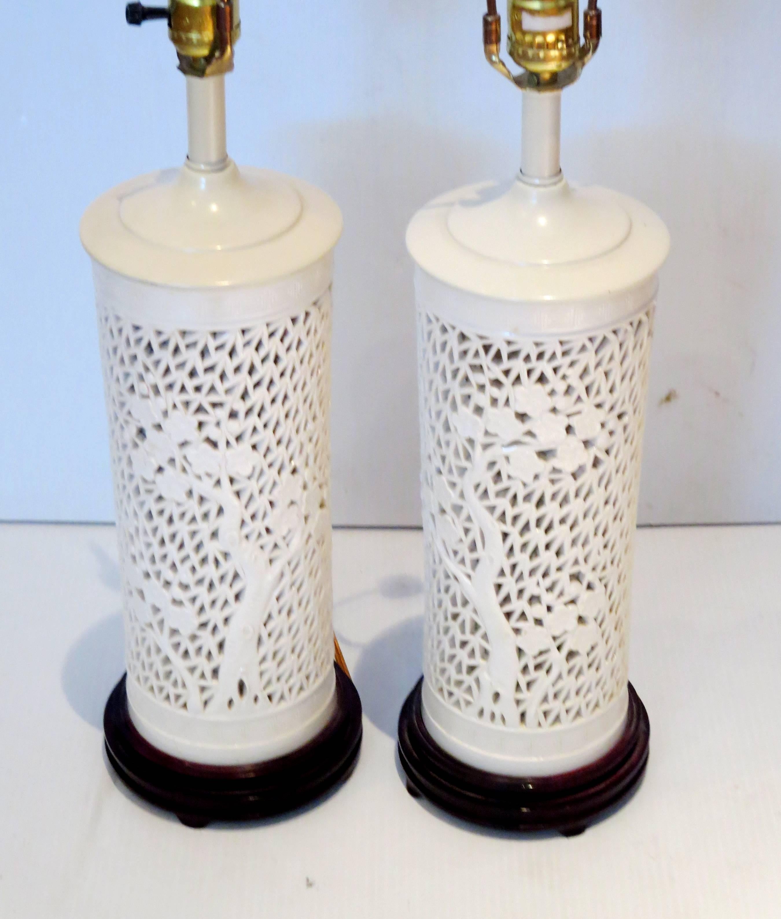 Hollywood Regency Pair of Column Pierced Porcelain Blanc De Chine Table Lamps