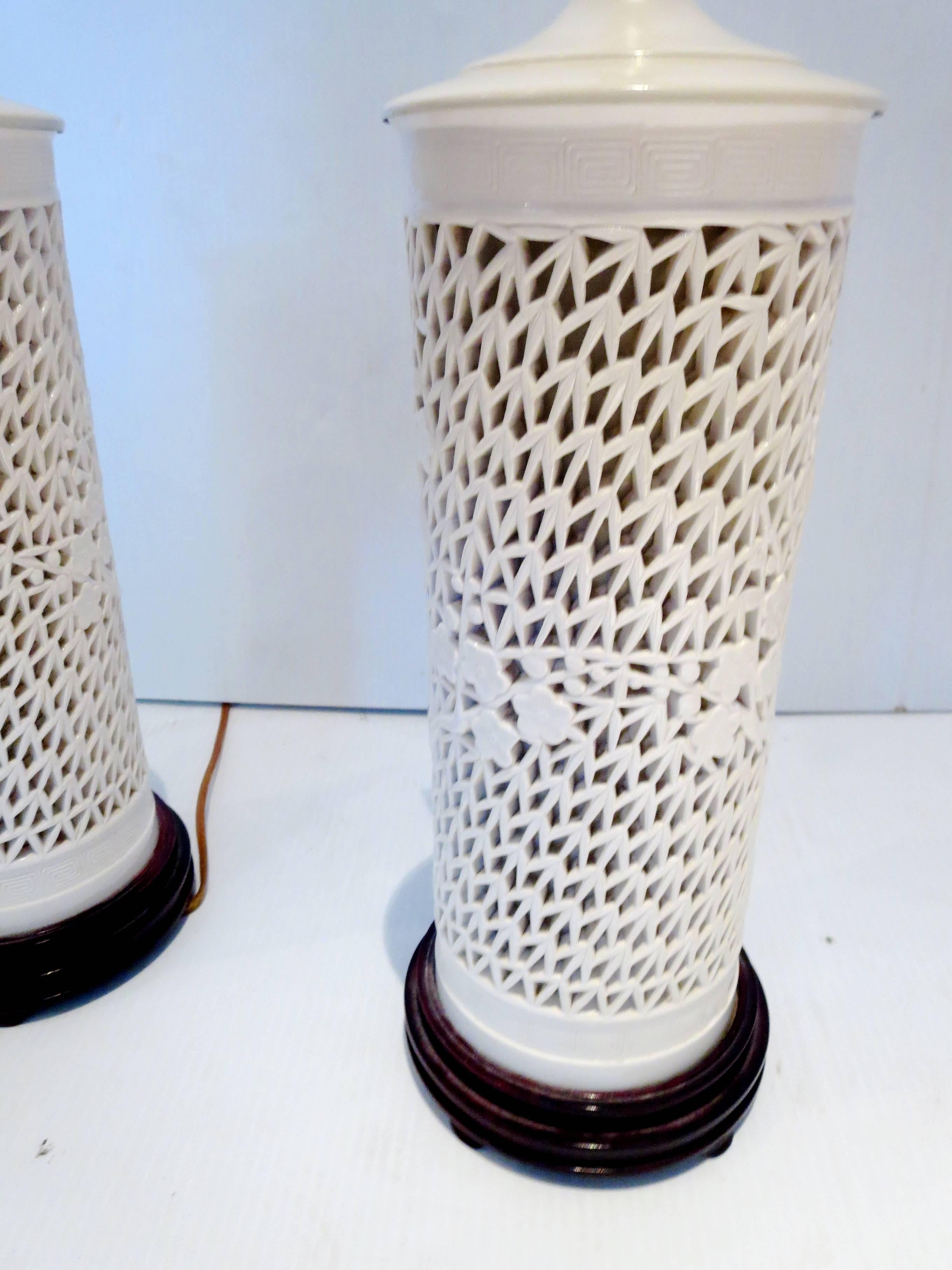 Chinese Pair of Column Pierced Porcelain Blanc De Chine Table Lamps