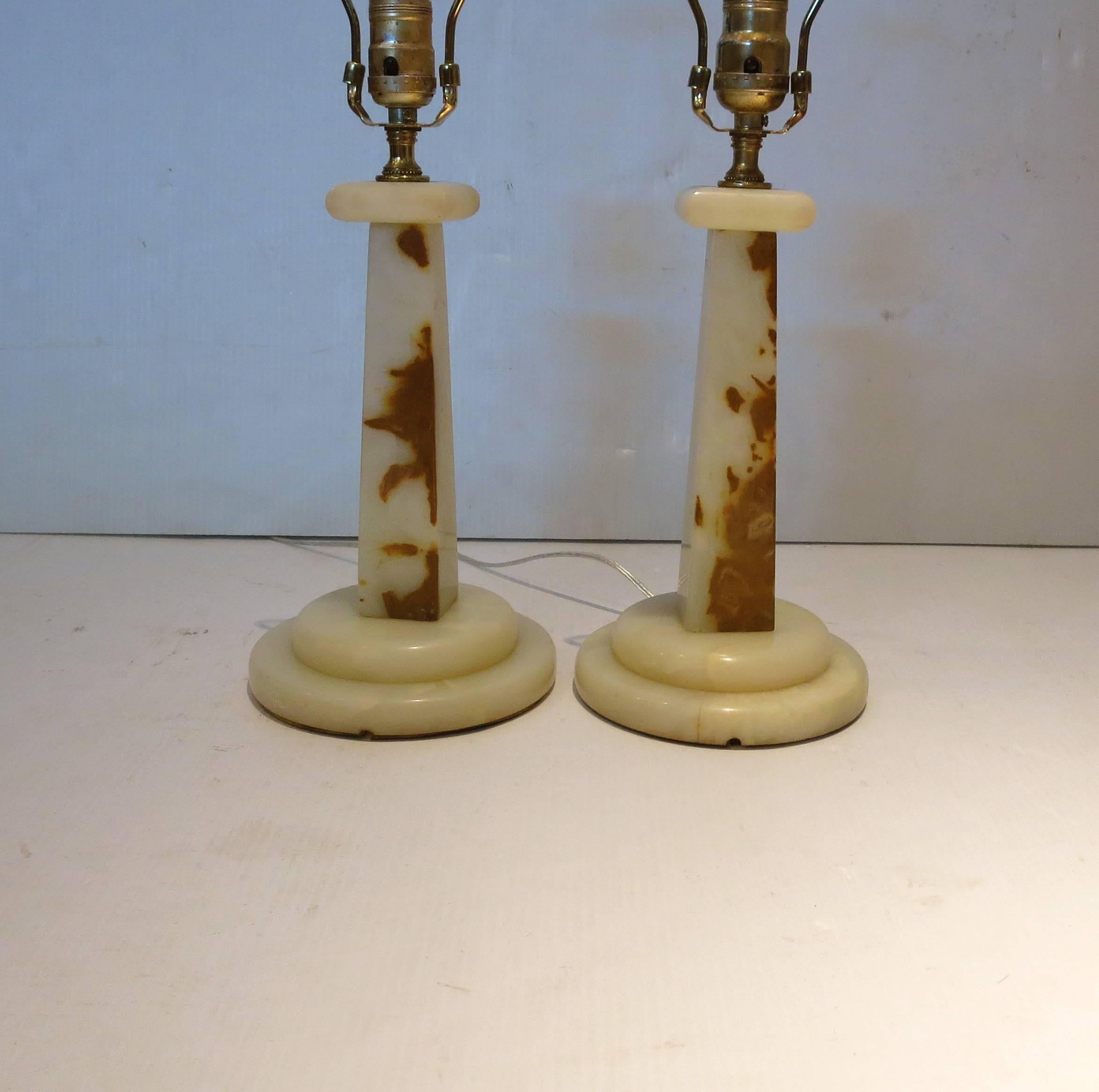 Nice pair of onyx table lamps, circa 1940s. Nice condition freshly rewired, lampshades not included, 14