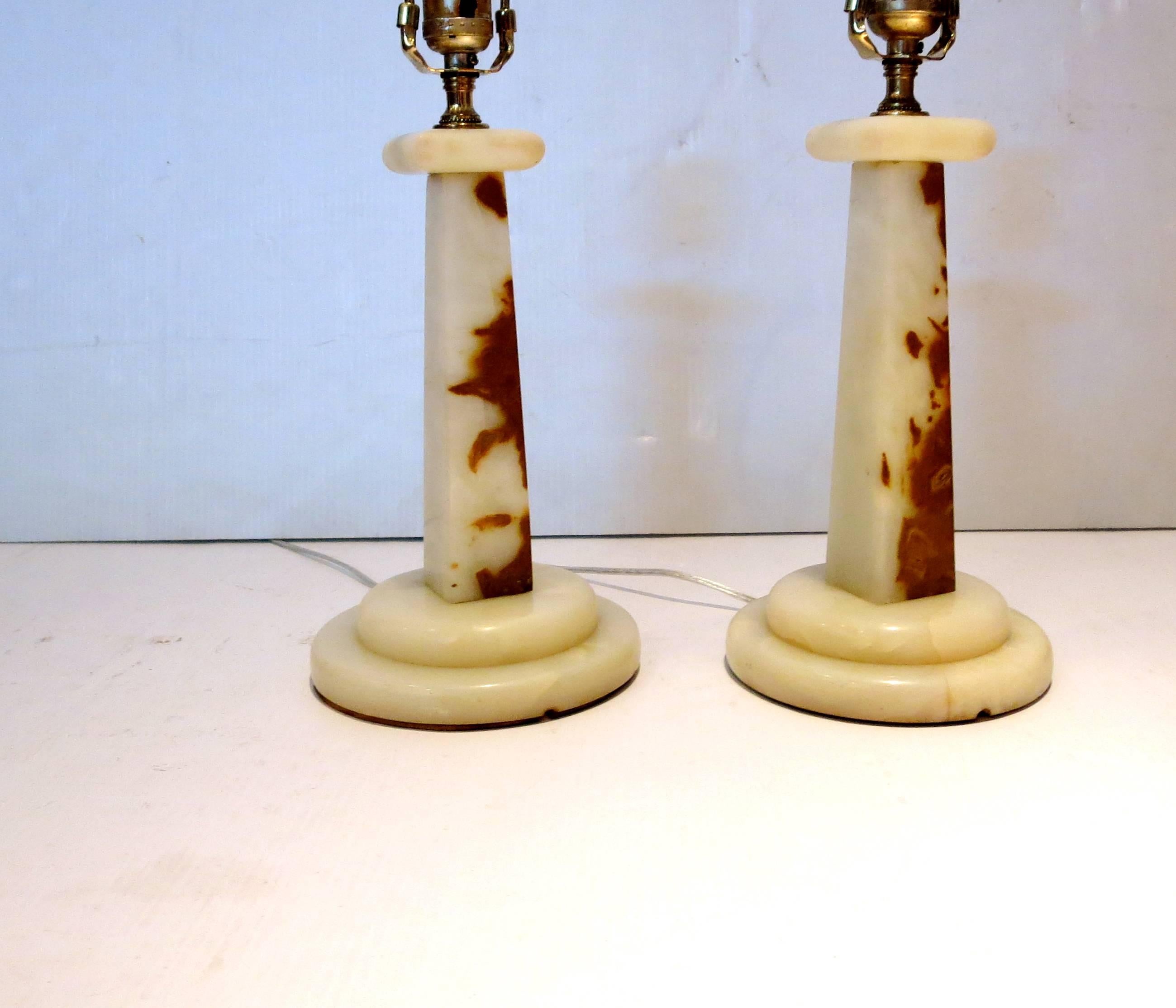 Hollywood Regency Art Deco Pair of Onyx Column Table Lamps