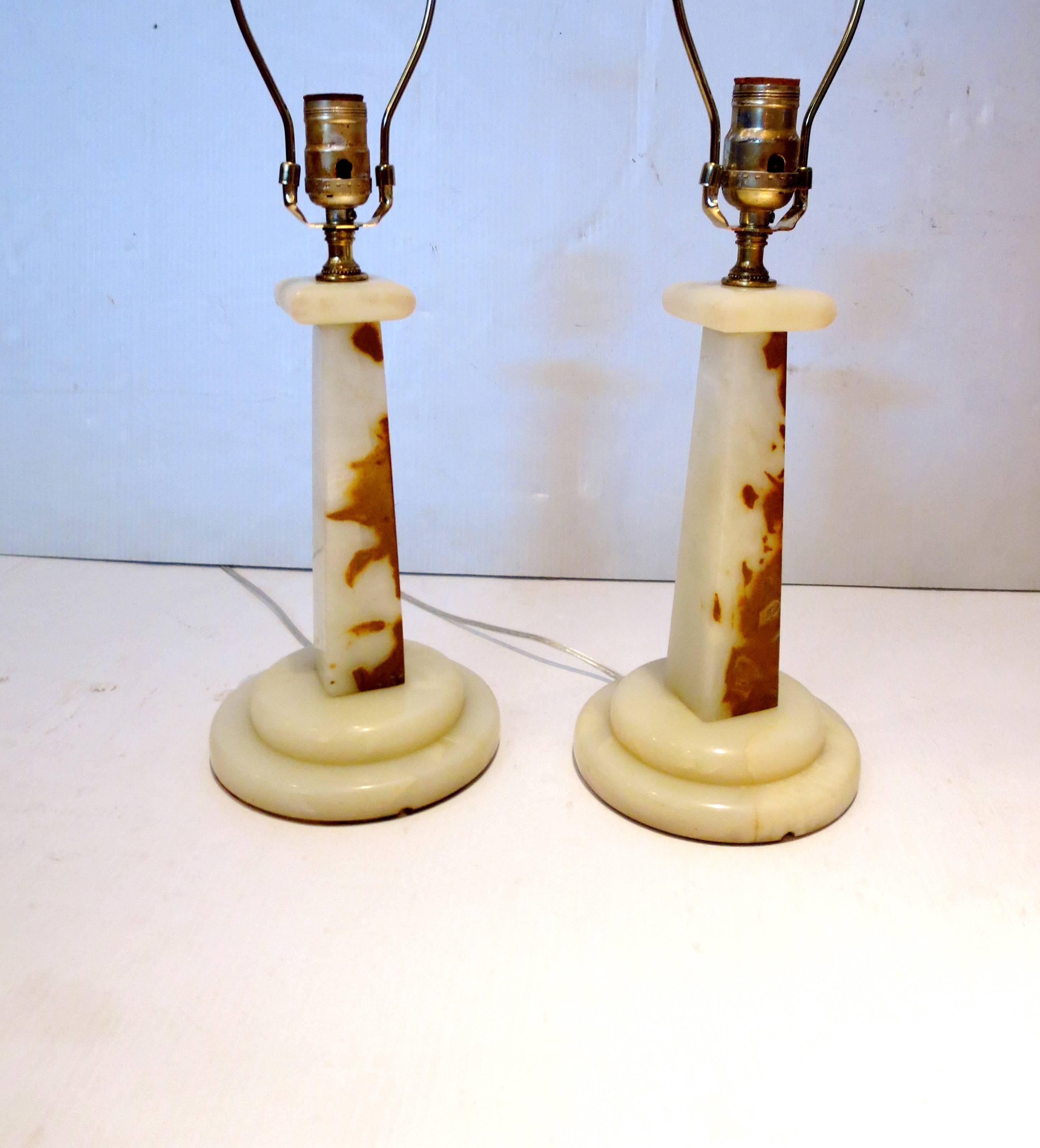 American Art Deco Pair of Onyx Column Table Lamps