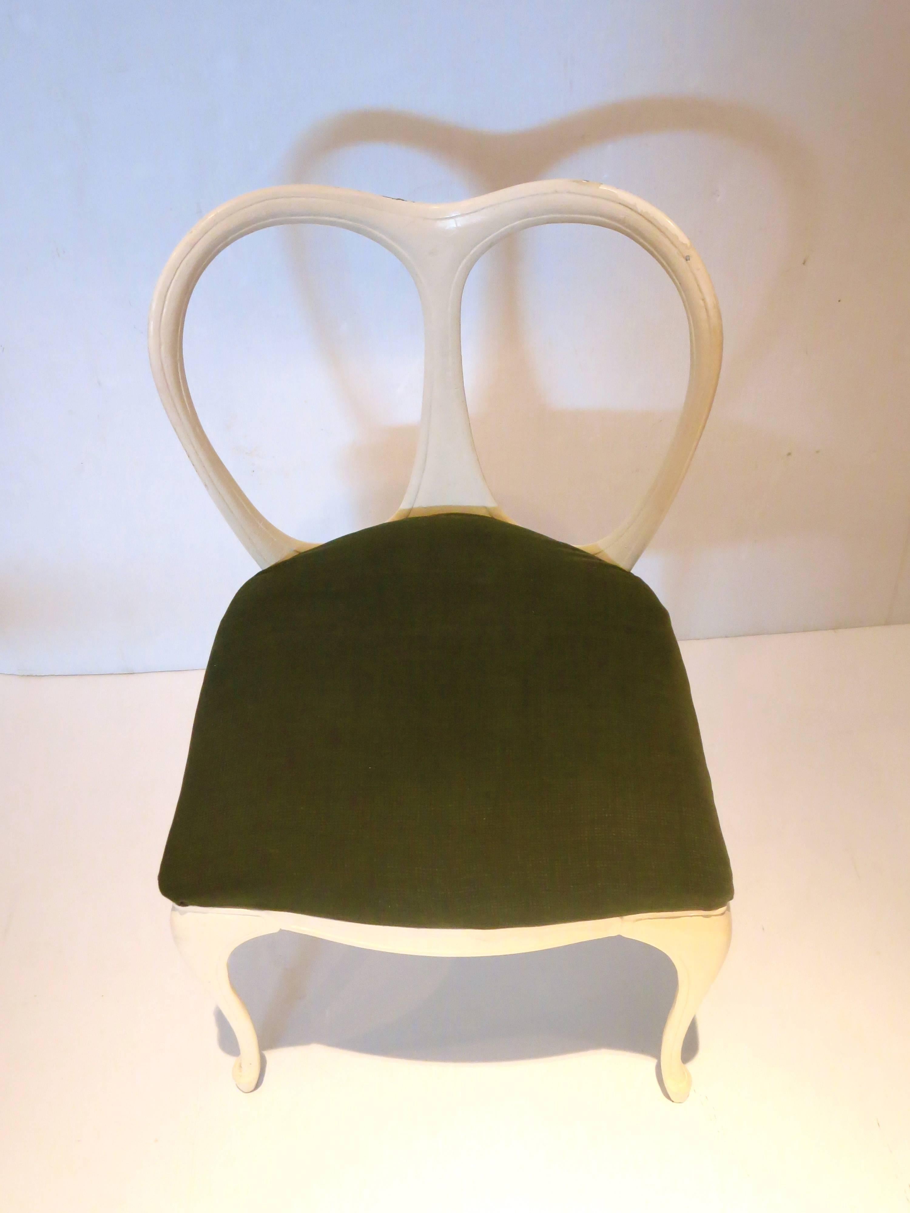 One of a kind corner single chair, in cream painted finish with green velvet seat, solid and sturdy, nice clean condition the chair has been repainted some chips here and there, but ads character, it’s easy to be sandblasted and leave the original