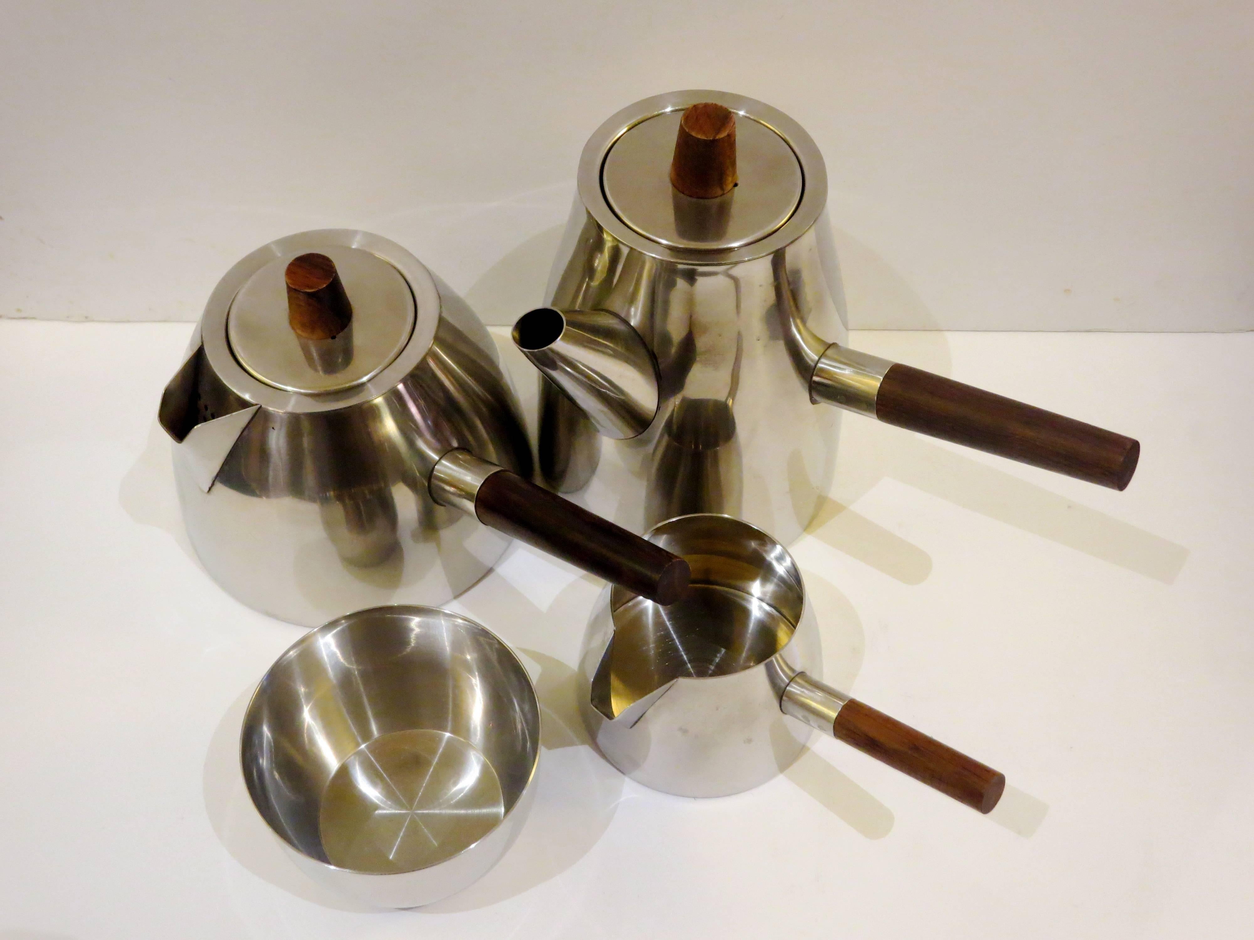 Scandinavian Modern Beautiful and Rare Stainless & Rosewood Coffee Set by Tias Eckhoff for Lundtofte