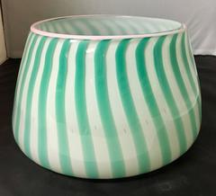 Large Handblown Glass Bowl Green and White Stripes Memphis Era Signed, 1986