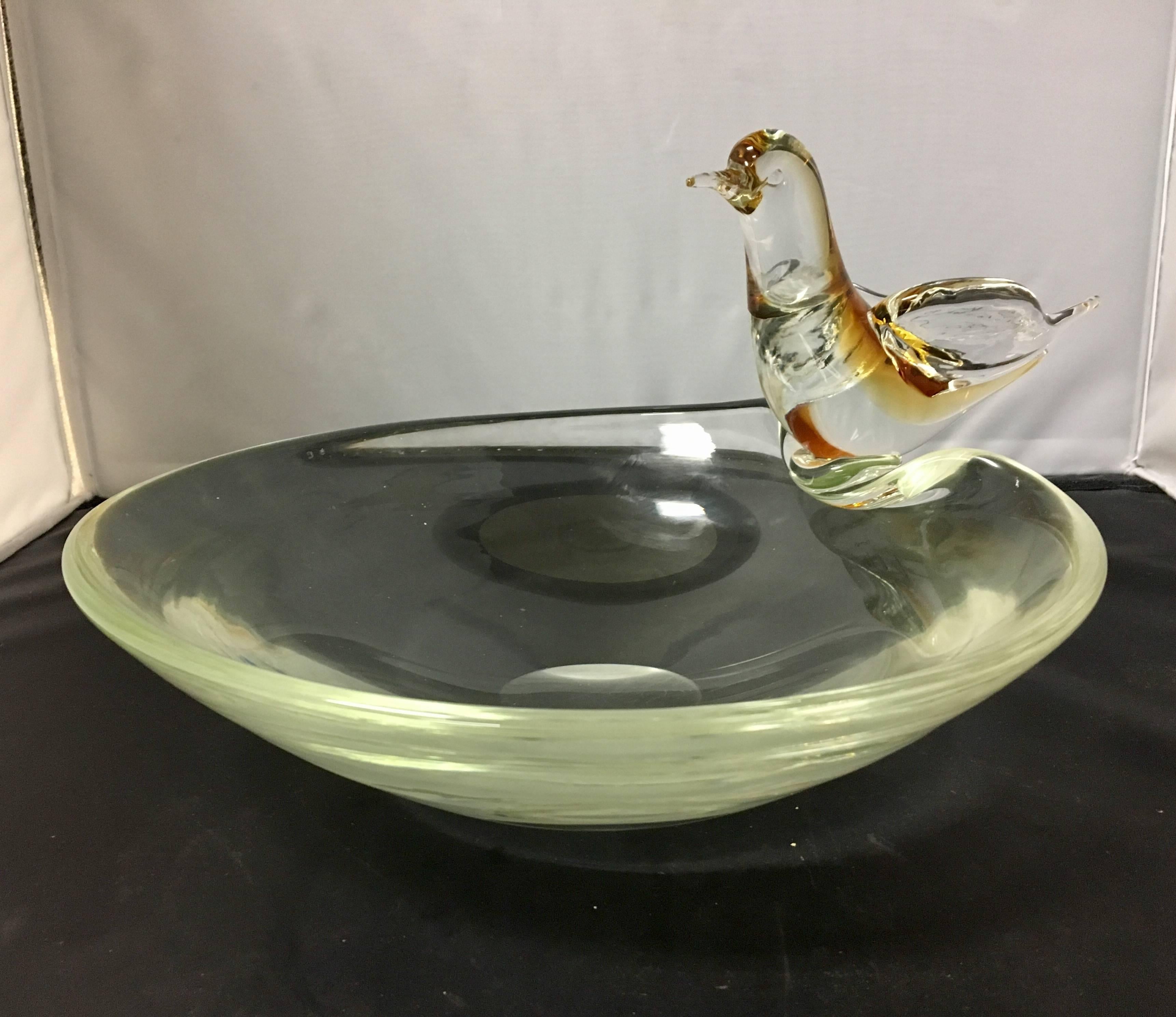 Elegant, large, clear glass Murano bowl with opalescent bird in amber accents. Nice condition no chips or cracks, some light scratches on the bottom.