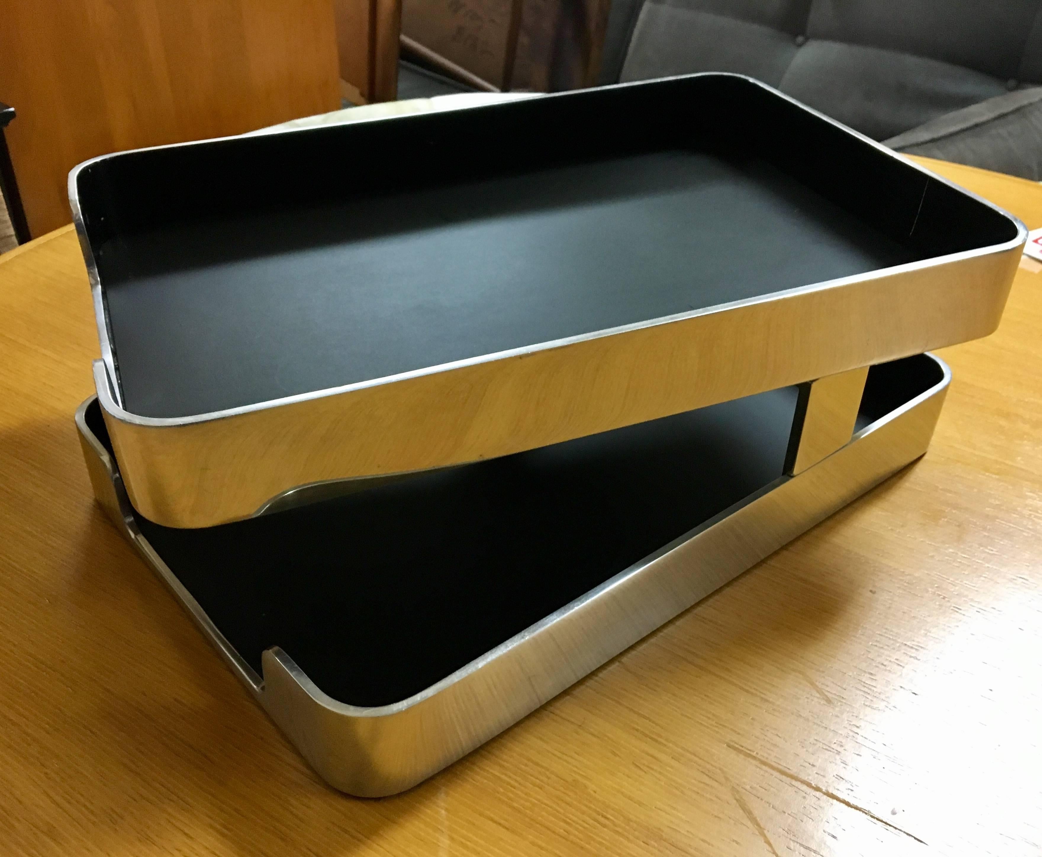 Double letter tray in polished aluminum finish with black enamel lining from the Radius One Metal Collection designed by William Sklaroff for Smith Metal Arts/McDonald Products,USA circa 1970's.  The top tray swivels from side to side.  Very nice