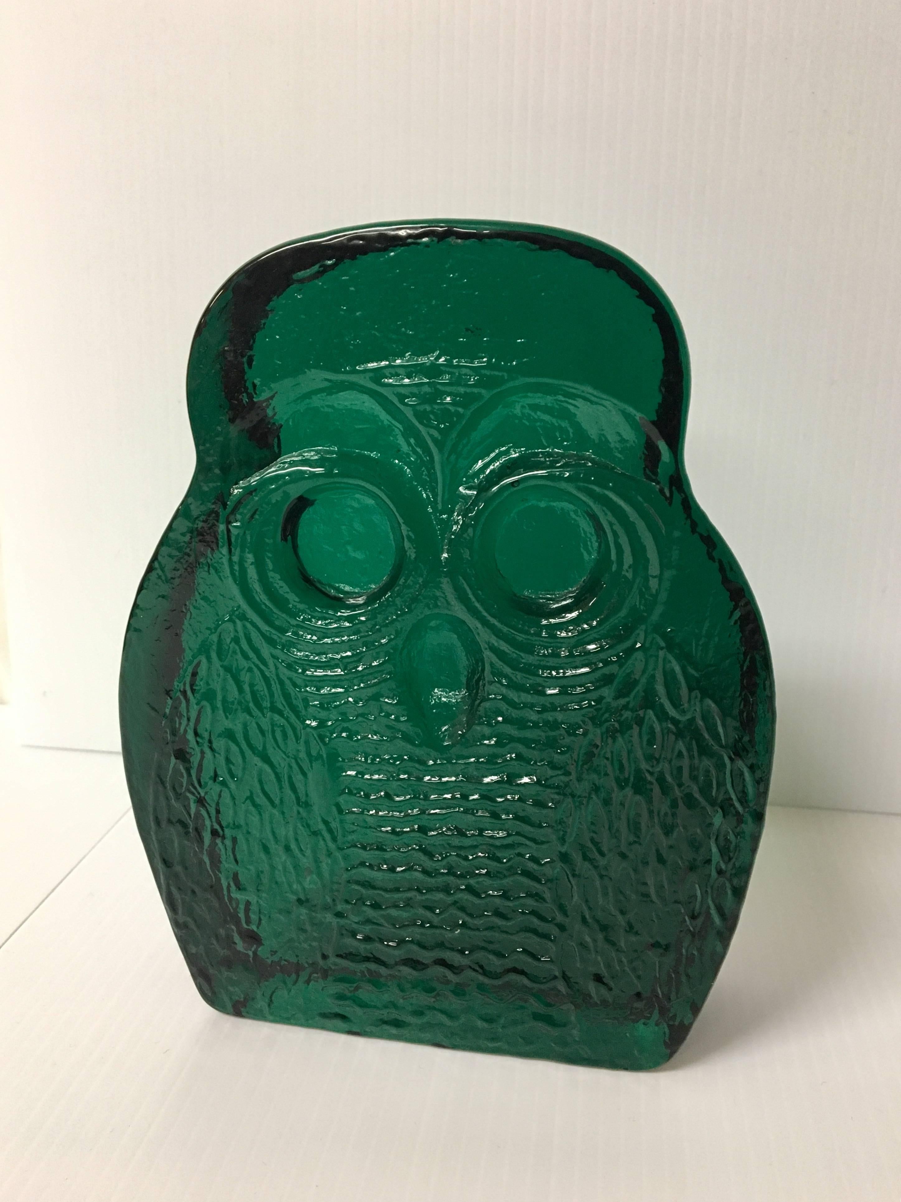 Unique emerald green glass owl by Blenko. Thick, heavy glass piece would work well as a bookend, paperweight or a home decor item.