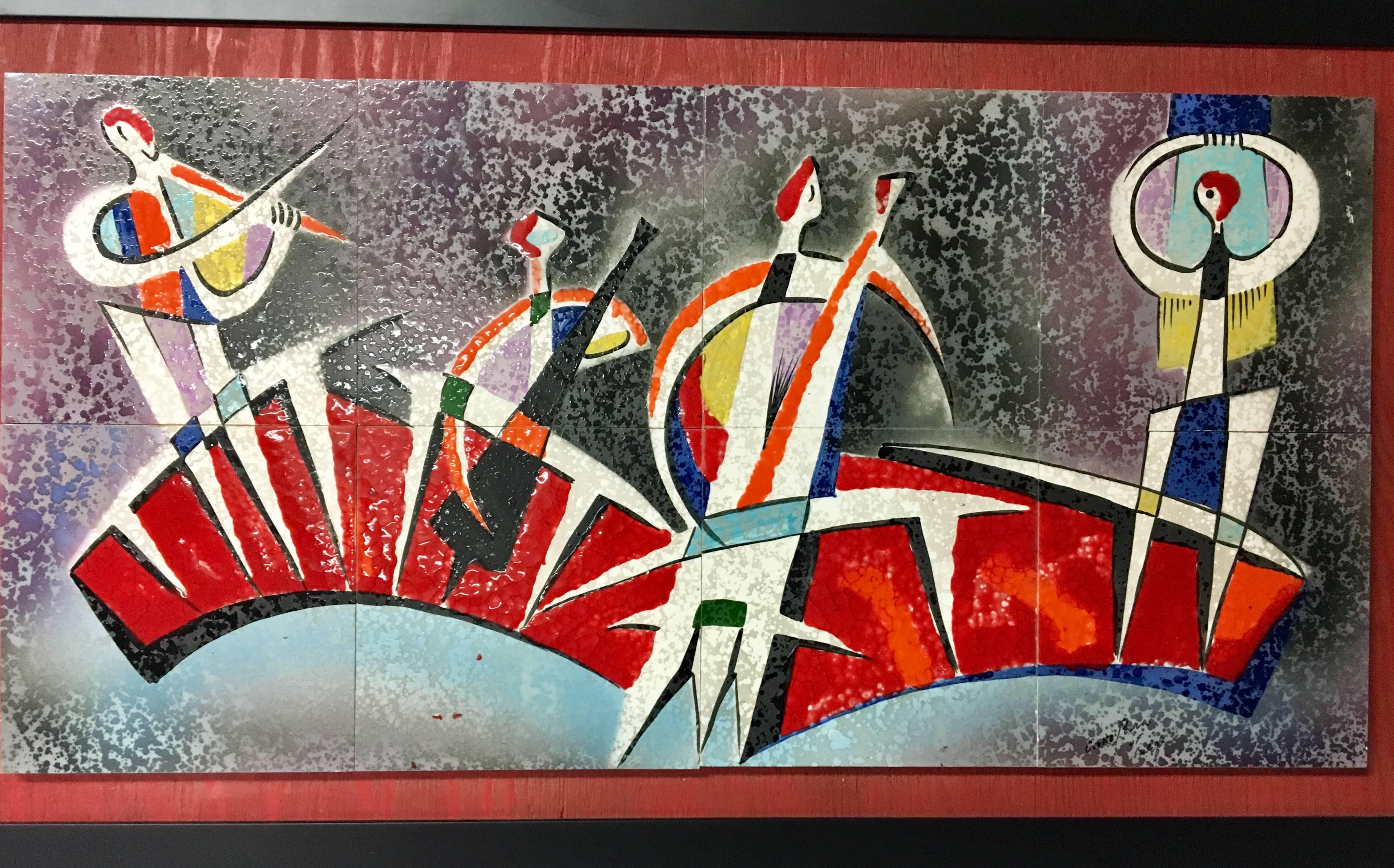 Very cool framed wall tile depicting a quartet of musicians playing their instruments; Classic Mid-Century style! Vibrant colors and great texture by California artist Cam Para, circa 1960s. The piece measures 30.5" x 18.5" and is in