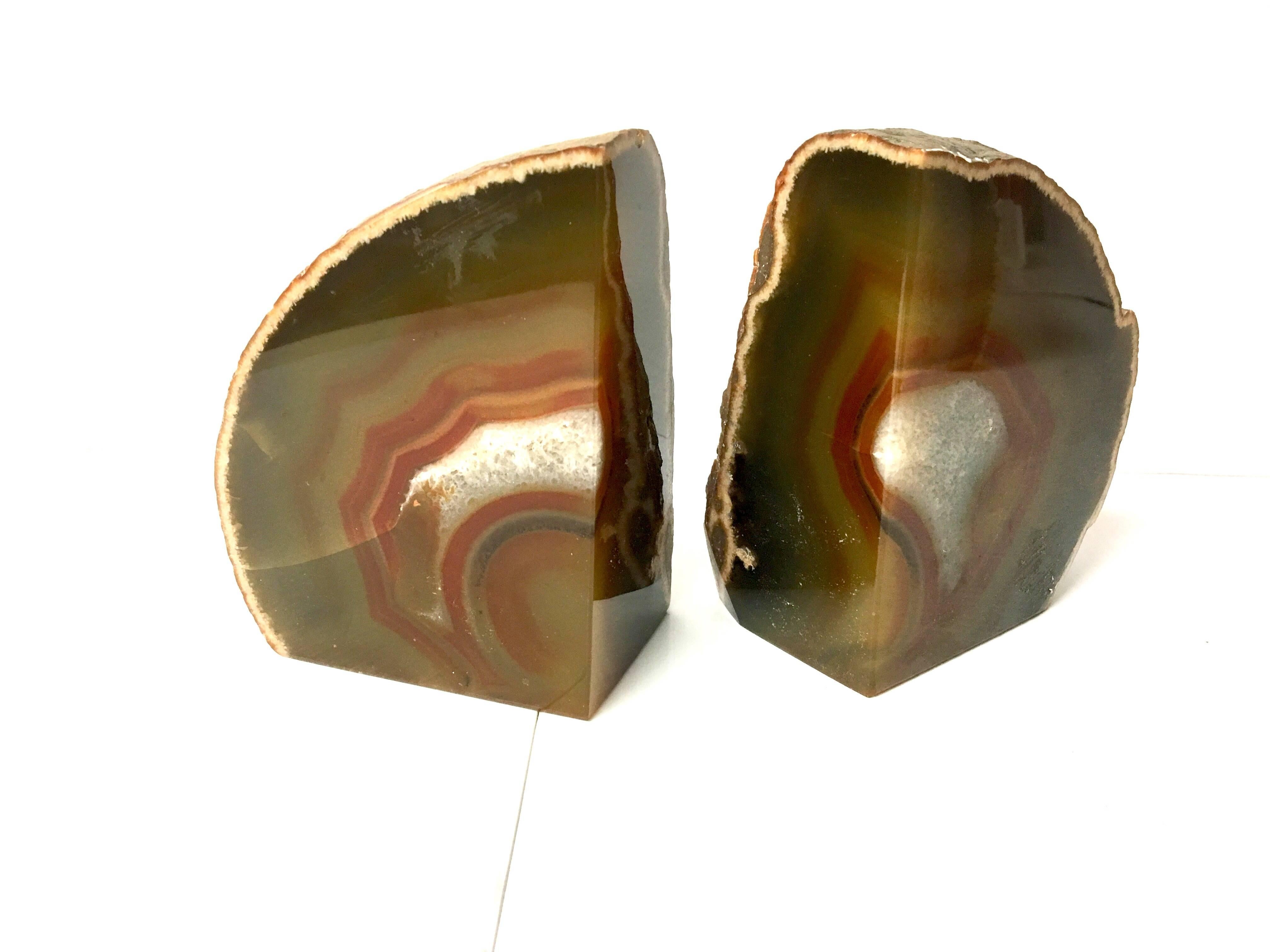 Versatile set of geode bookends, circa 1990s. Geode bookends can sit in two positions exposing different color options as show in images, beautiful colors.