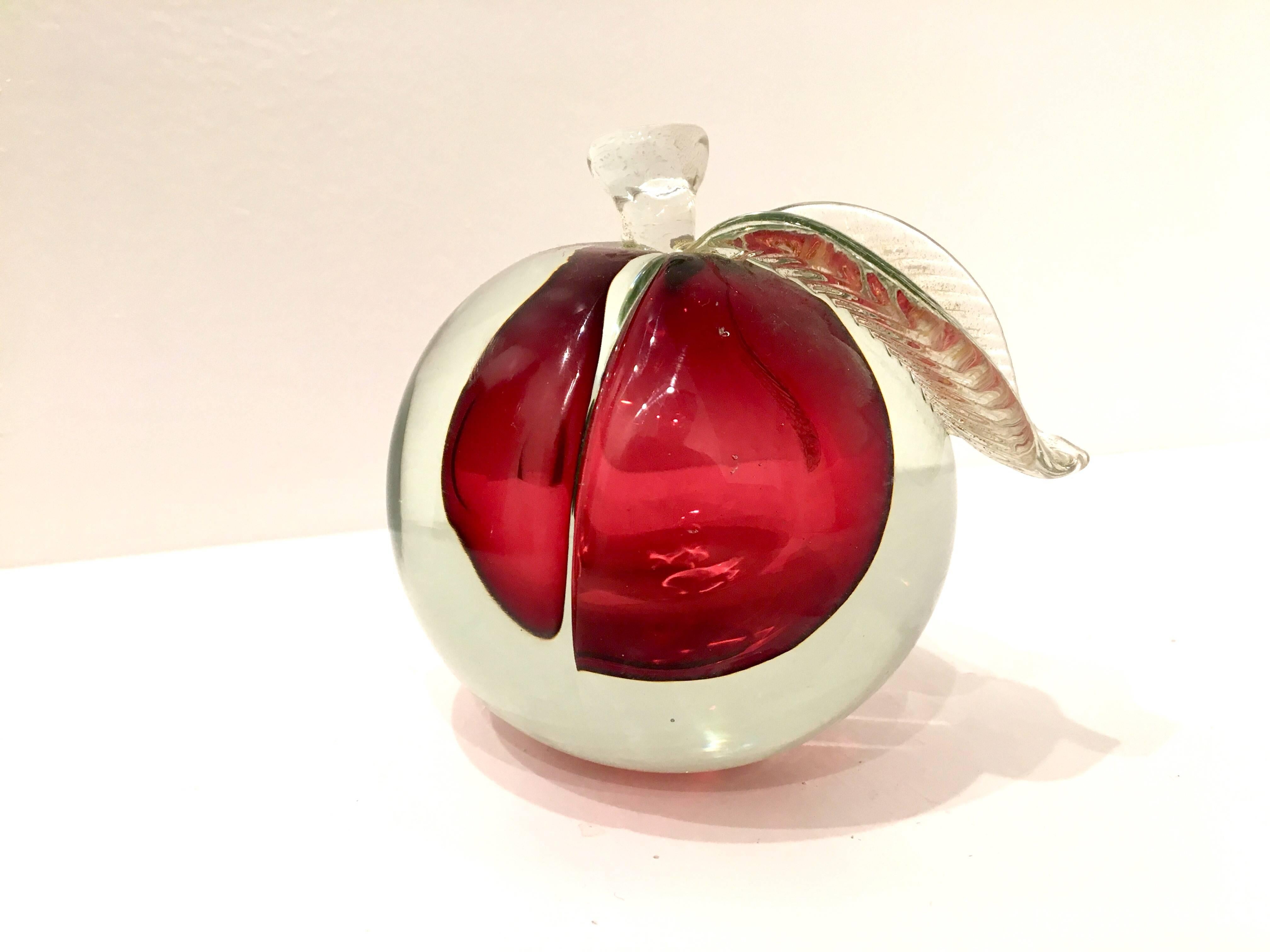 Beautiful Italian Murano glass red apple by Alfredo Barbini, a little sparkles of gold on the leaf stem excellent condition.