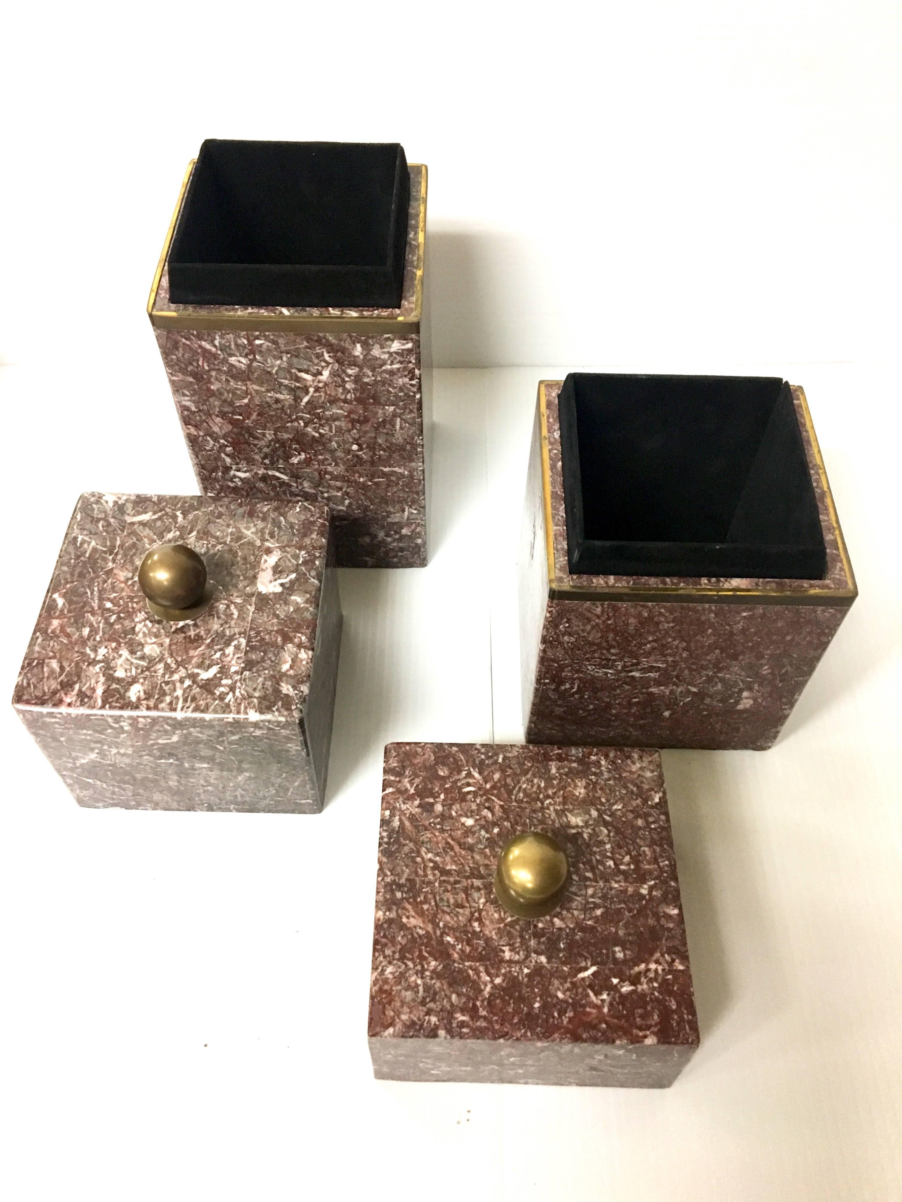 Hollywood Regency Pair of Marble and Brass Boxes by Marquis Collection of Beverly Hills
