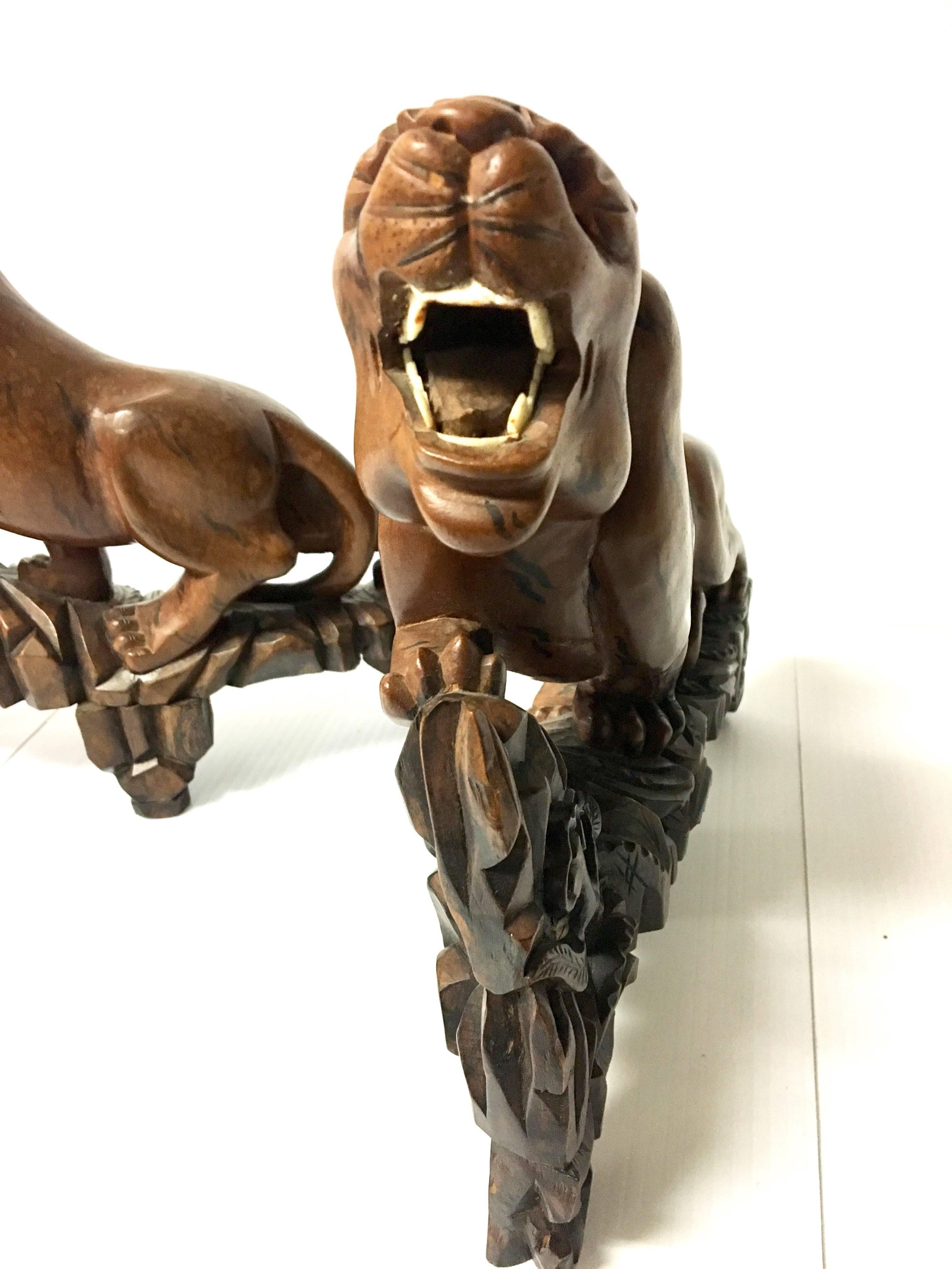 Hollywood Regency Striking Pair of Hand-Carved Panther Bookends in Rosewood For Sale