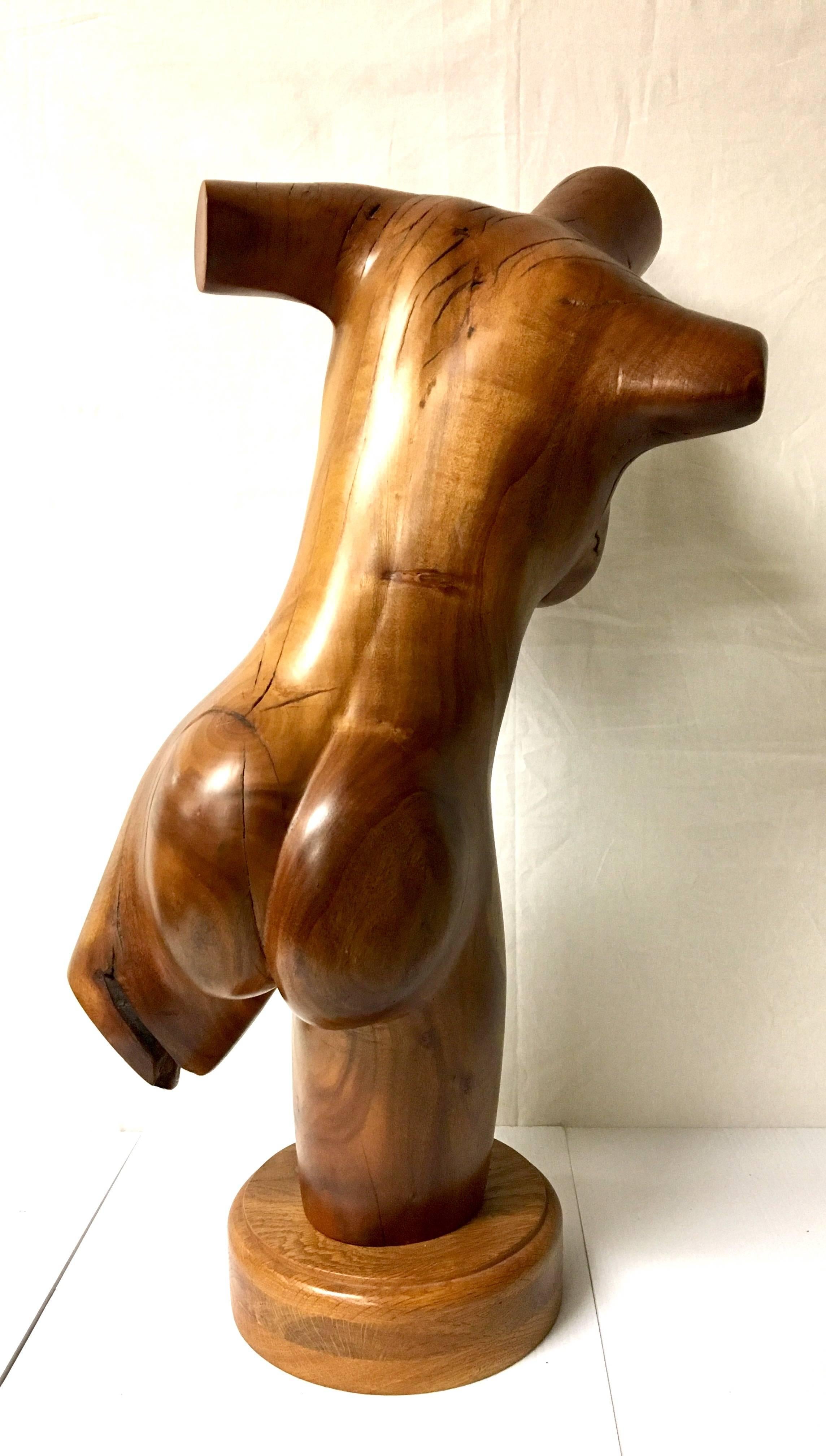 American Tall Nude Female Torso Sculpture Hand-Carved in Wood by California Artist For Sale