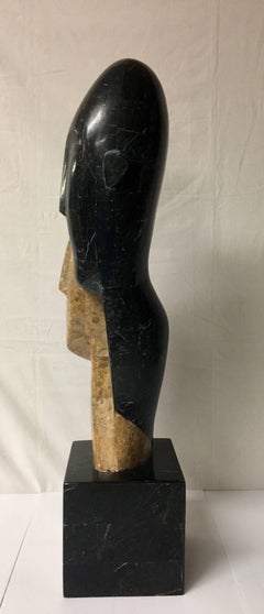 Tall Tessellated Stone Sculpture in Black and Beige by Marquis of Beverly Hills