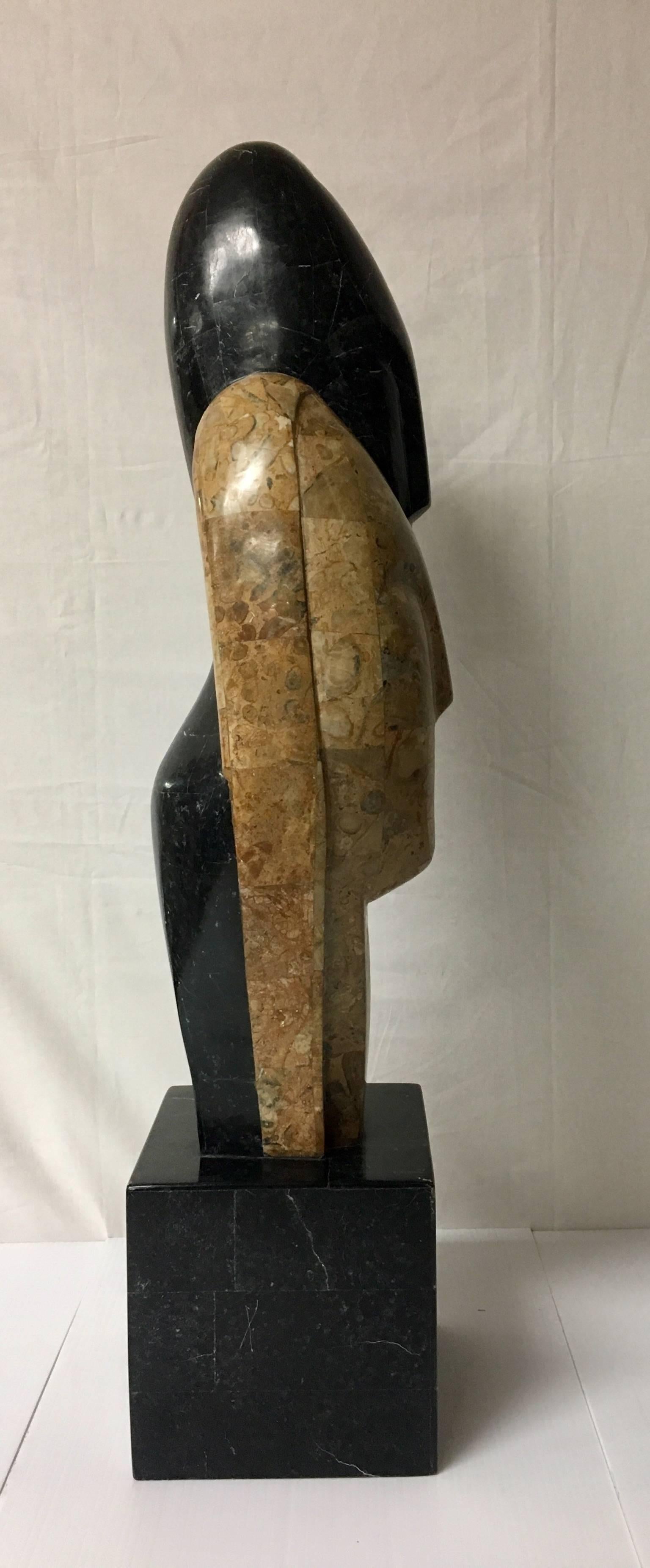 Tall Tessellated Stone Sculpture in Black and Beige by Marquis of Beverly Hills In Good Condition In San Diego, CA