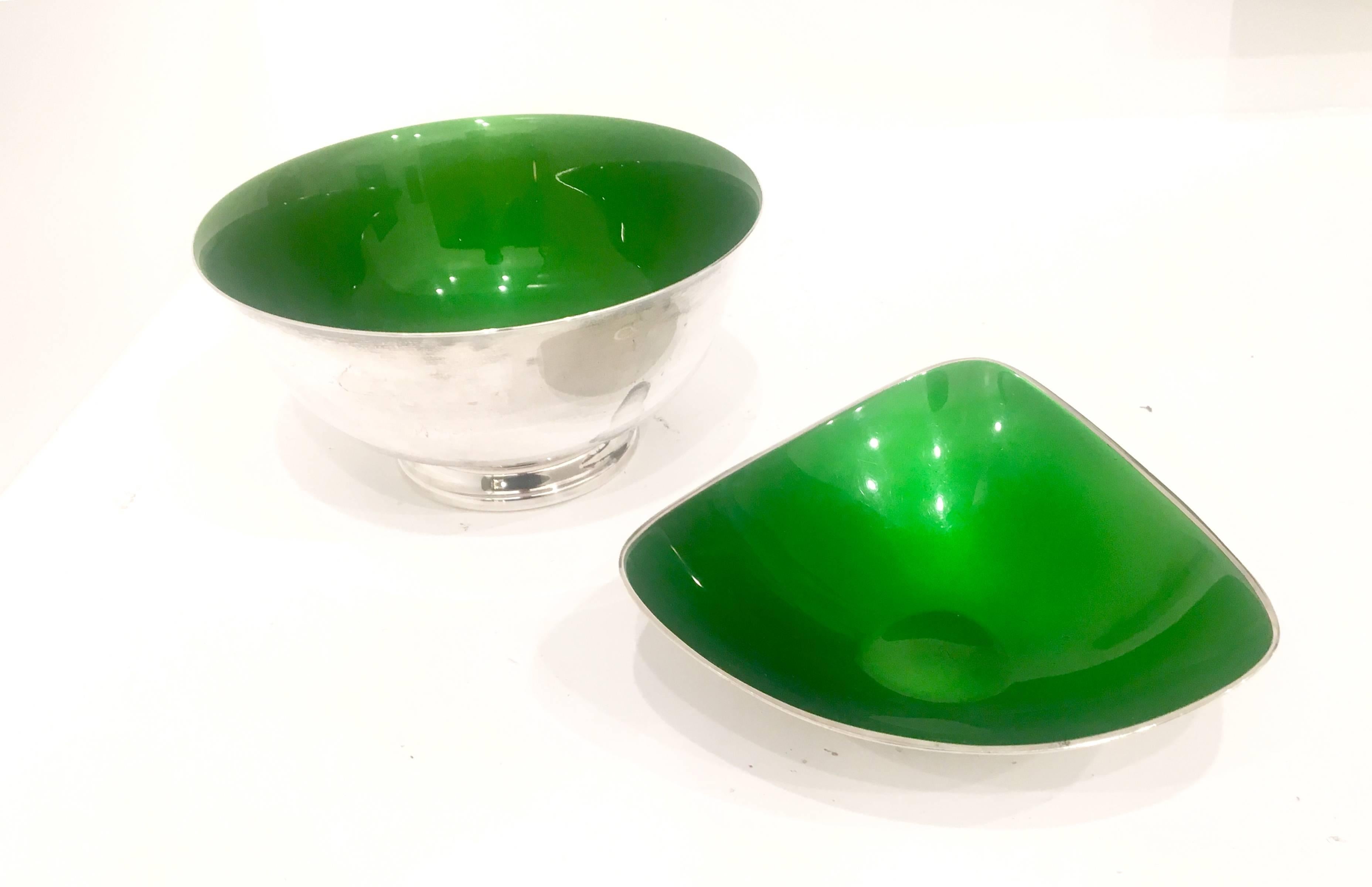 Beautiful design on these pair of Reed & Barton green enameled bowls the large footed bowl its 8" in diameter and 4" tall , the small one its 7 1/2" in diameter and 2 1/2" tall , both in nice condition and light wear.