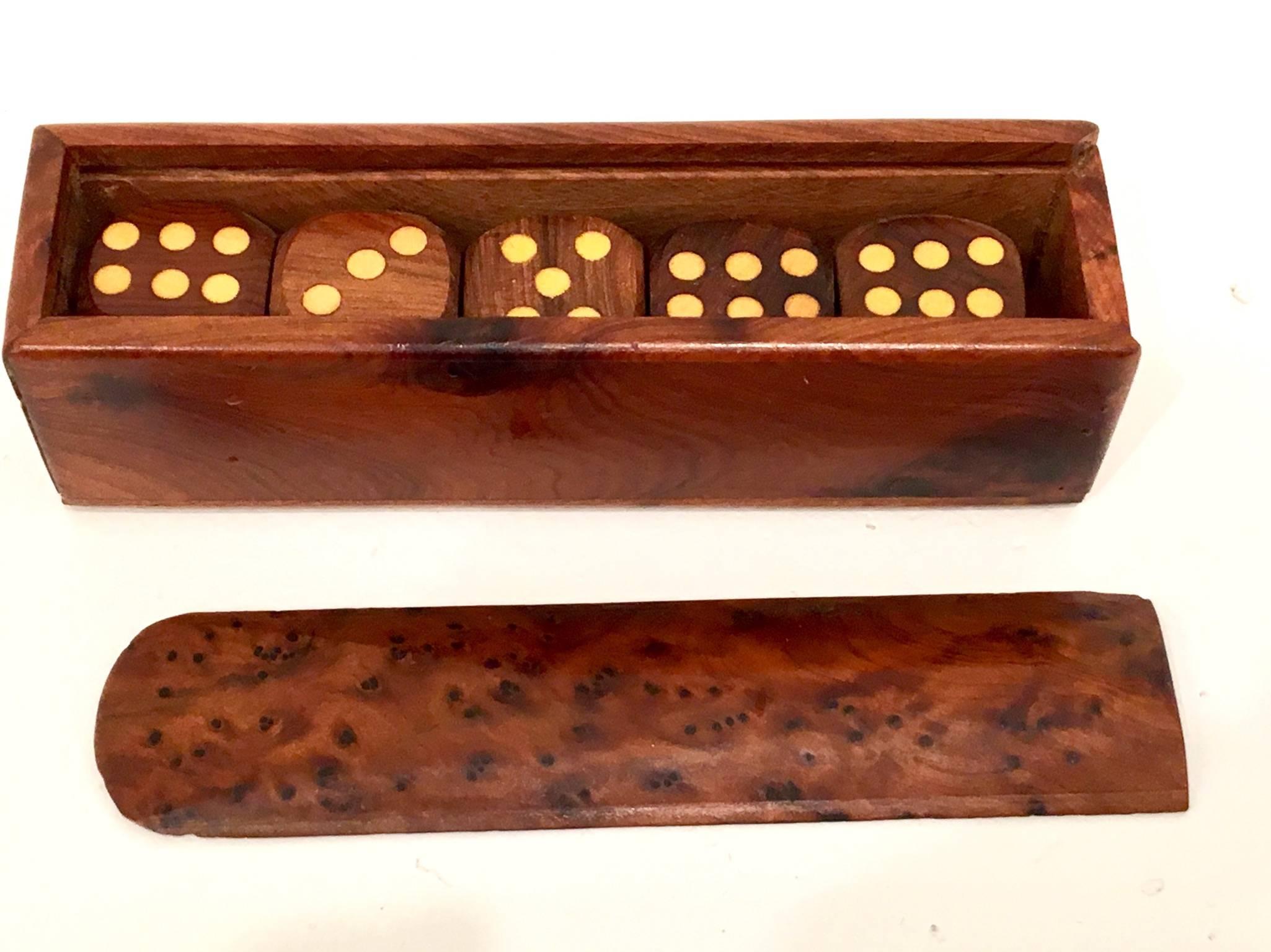 Beautiful dice game in solid burl wood, circa 1960s hand-carved. Five dice in a box.
