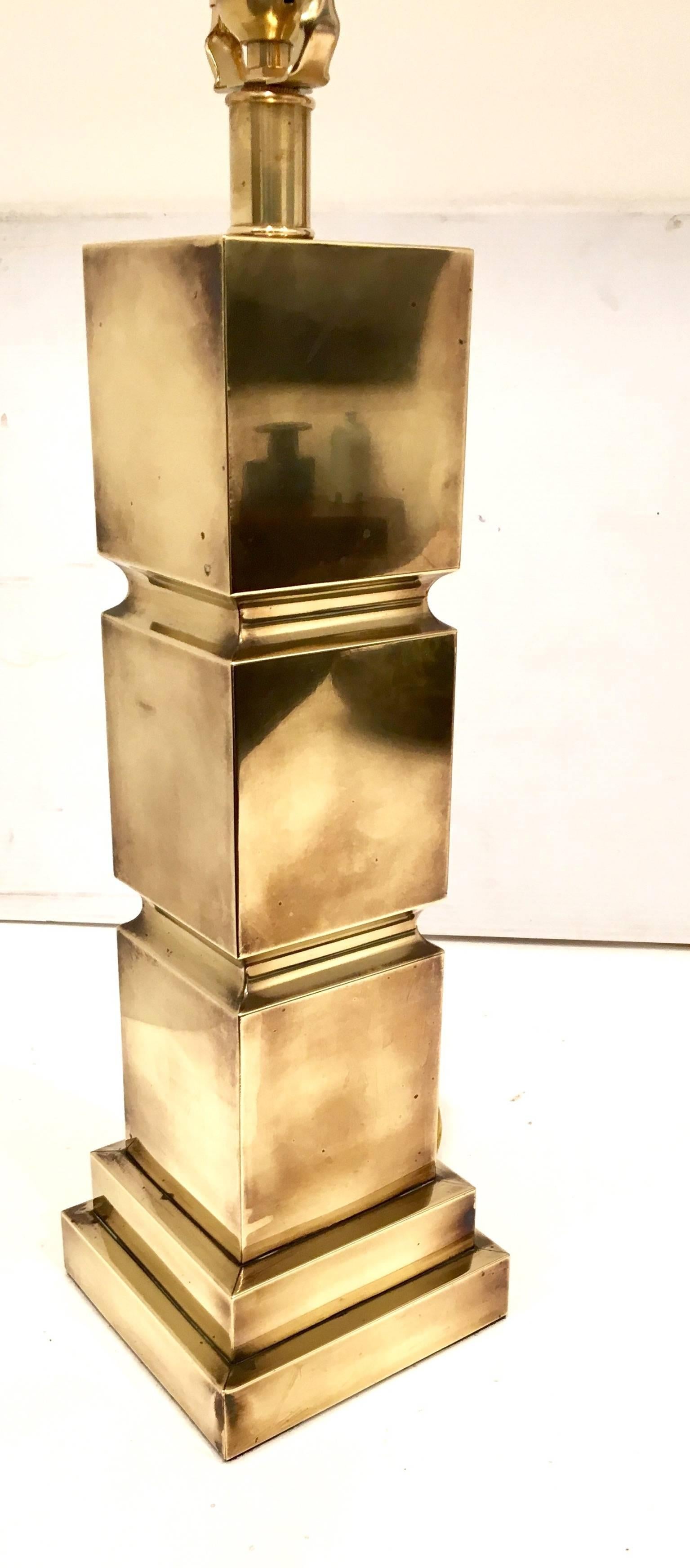 American Striking Pair of Geometric Table Lamps in Polished Brass Finish