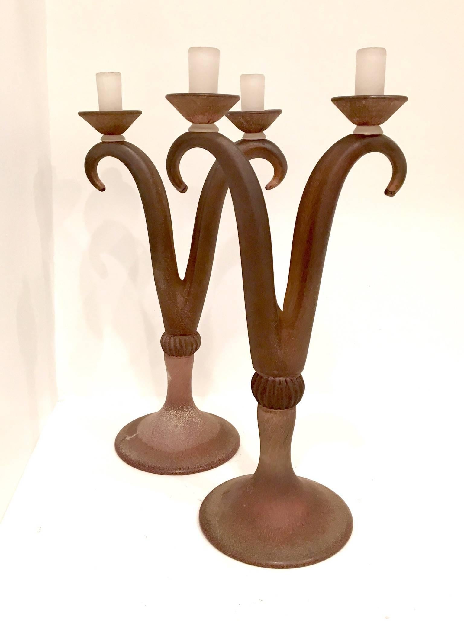 Elegant tall unique pair of candelabras by Cenedese Scavo glass, circa 1970s, in purple and clear glass combo. One its a bit taller than the other normal due to mouth blown glass, but no chips or cracks.