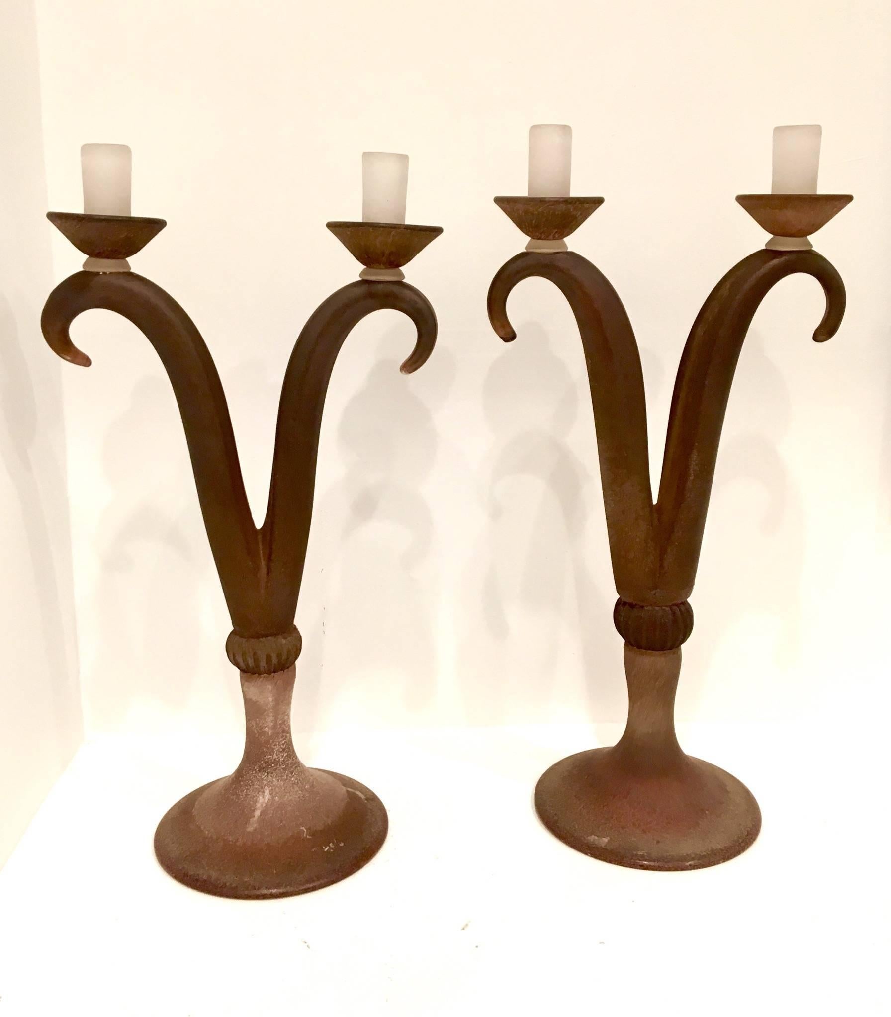 Hollywood Regency Monumental Tall Pair of Italian Scavo Glass Candelabras by Cenedese