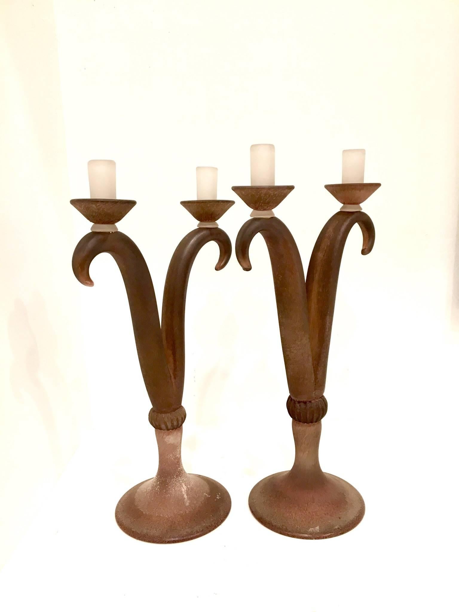 Monumental Tall Pair of Italian Scavo Glass Candelabras by Cenedese In Excellent Condition In San Diego, CA