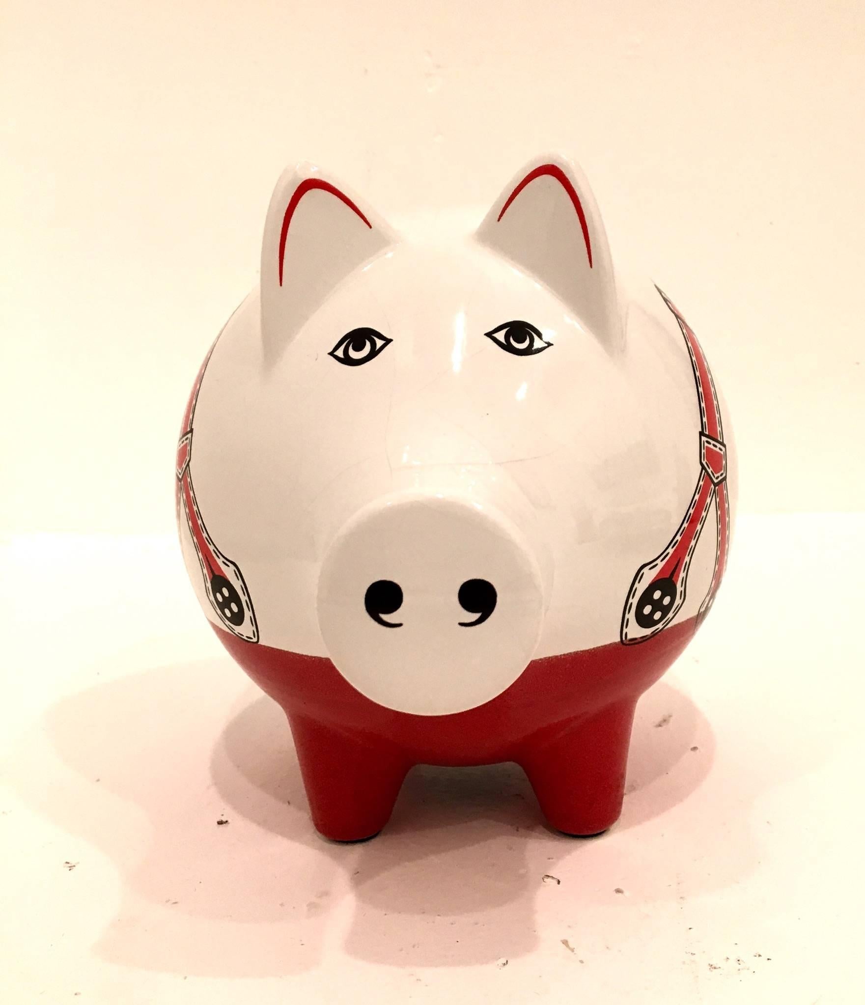 Decorative porcelain piggy bank, circa 1950s made in West Germany like new condition traditional red glaze on the bottom pants.