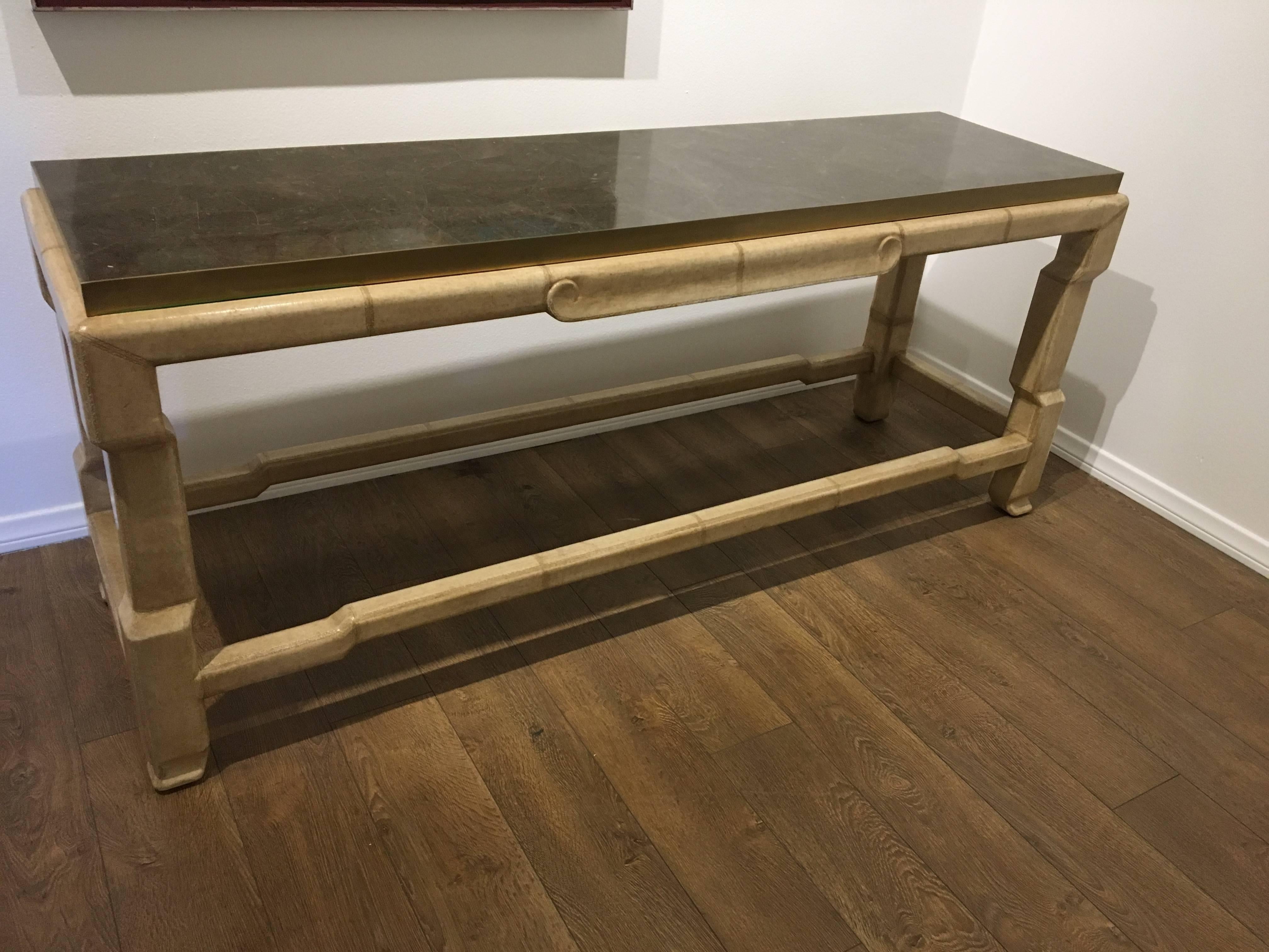 American Elegant Marble and Brass Top Console Table in Wrapped Leather Base by Carson