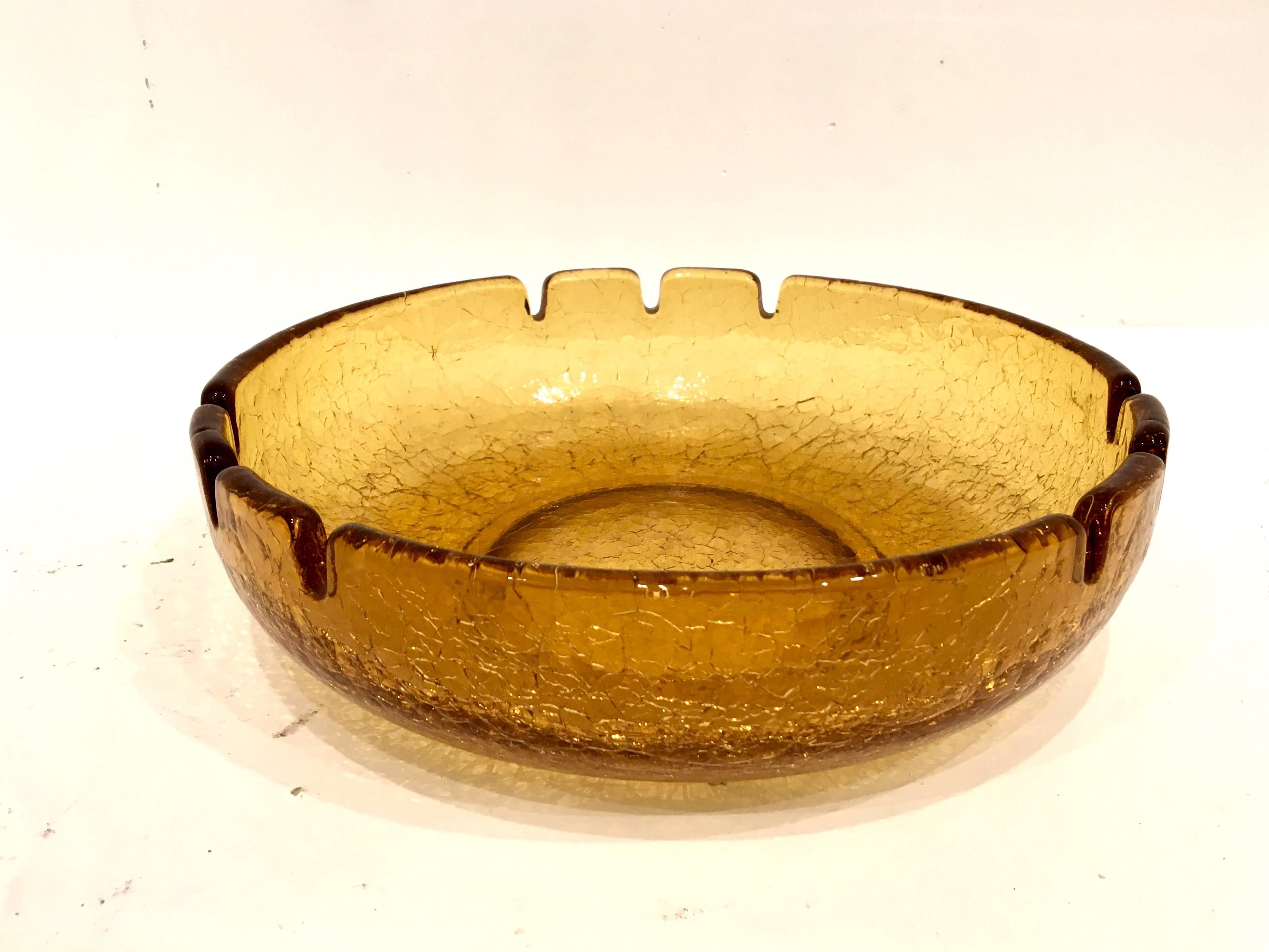 Iconic extra large glass ashtray by Blenko, with a crackle glass finish no chips or cracks excellent condition.
