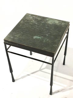 Small Brutalist Style Square End Table with Bronze Patinated Finish Top