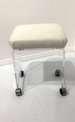 Postmodern Minimalist Waterfall Lucite Upholstered Vanity Stool on Casters