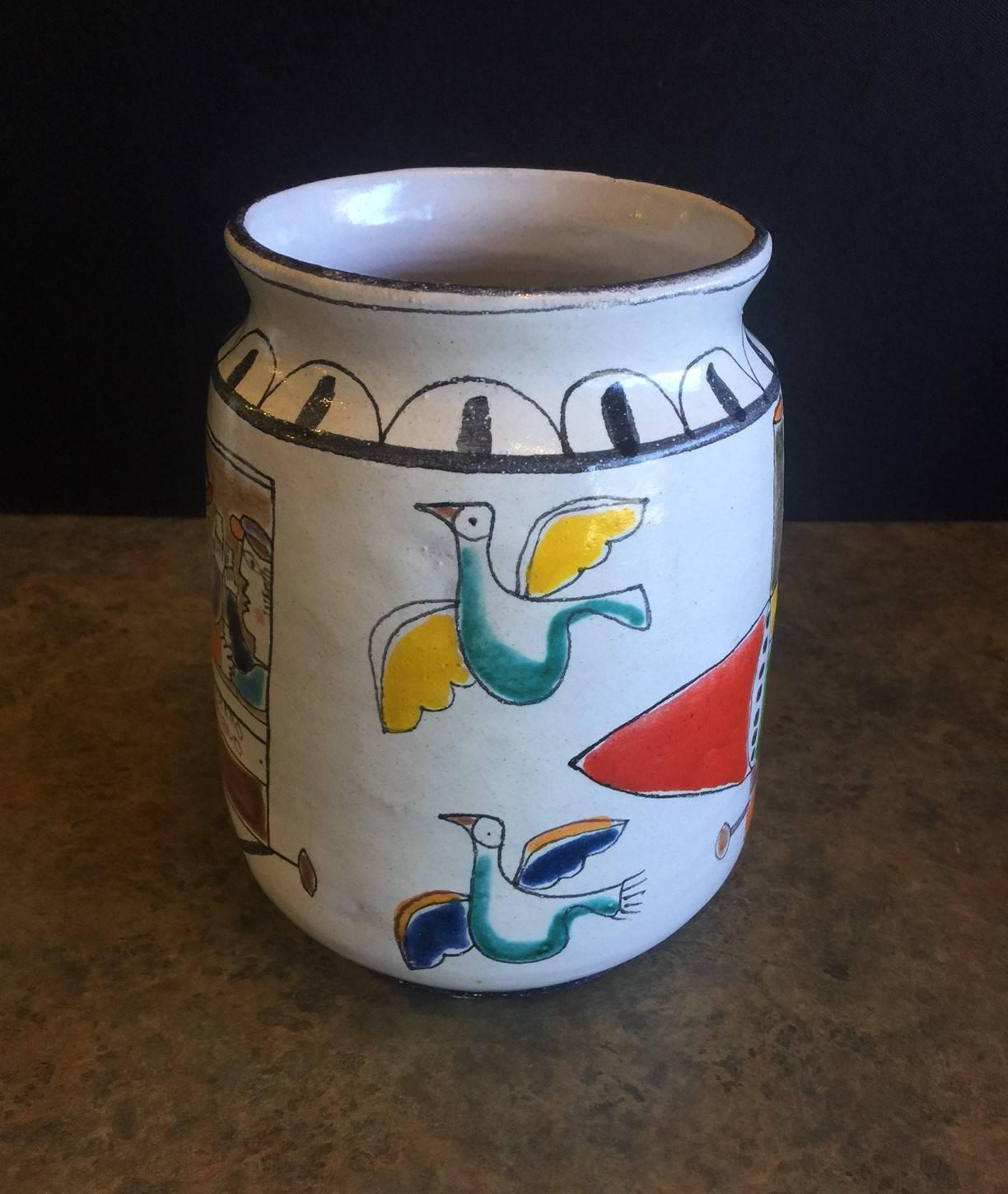 Large Mid-Century Modern Hand-Painted Vase by Giovanni Desimone In Excellent Condition In San Diego, CA